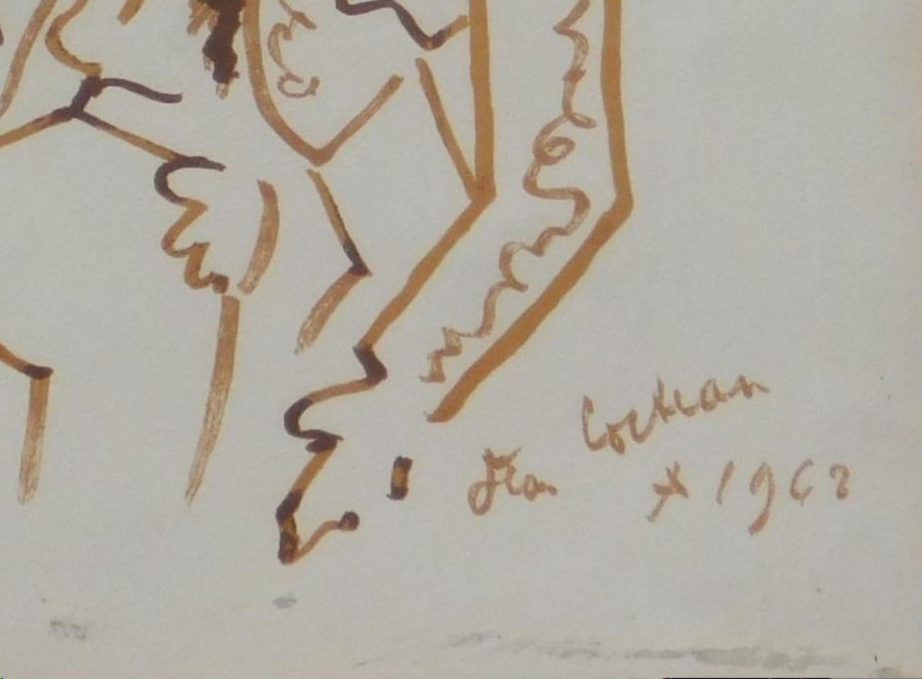 Paper Jean Cocteau Ink Drawing in Sepia - Defeated Toreador For Sale