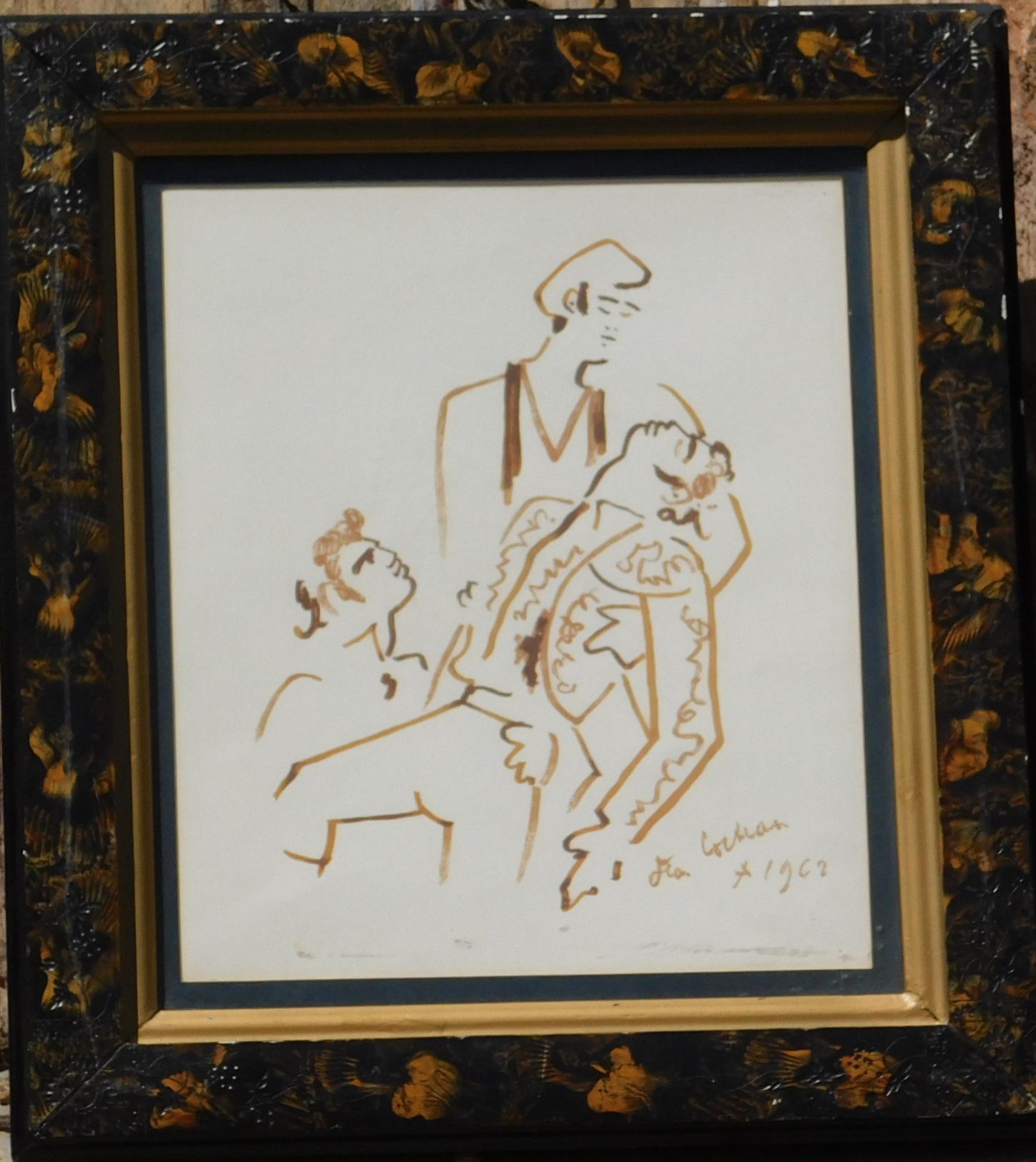 Jean Cocteau original ink on paper in sepia interestingly framed in a Victorian style frame.
Dated 1962 and signed lower right. Includes 3 Figures - Defeated Toreador
Image measures 11'h x 8 ½”w. Frame size: 16