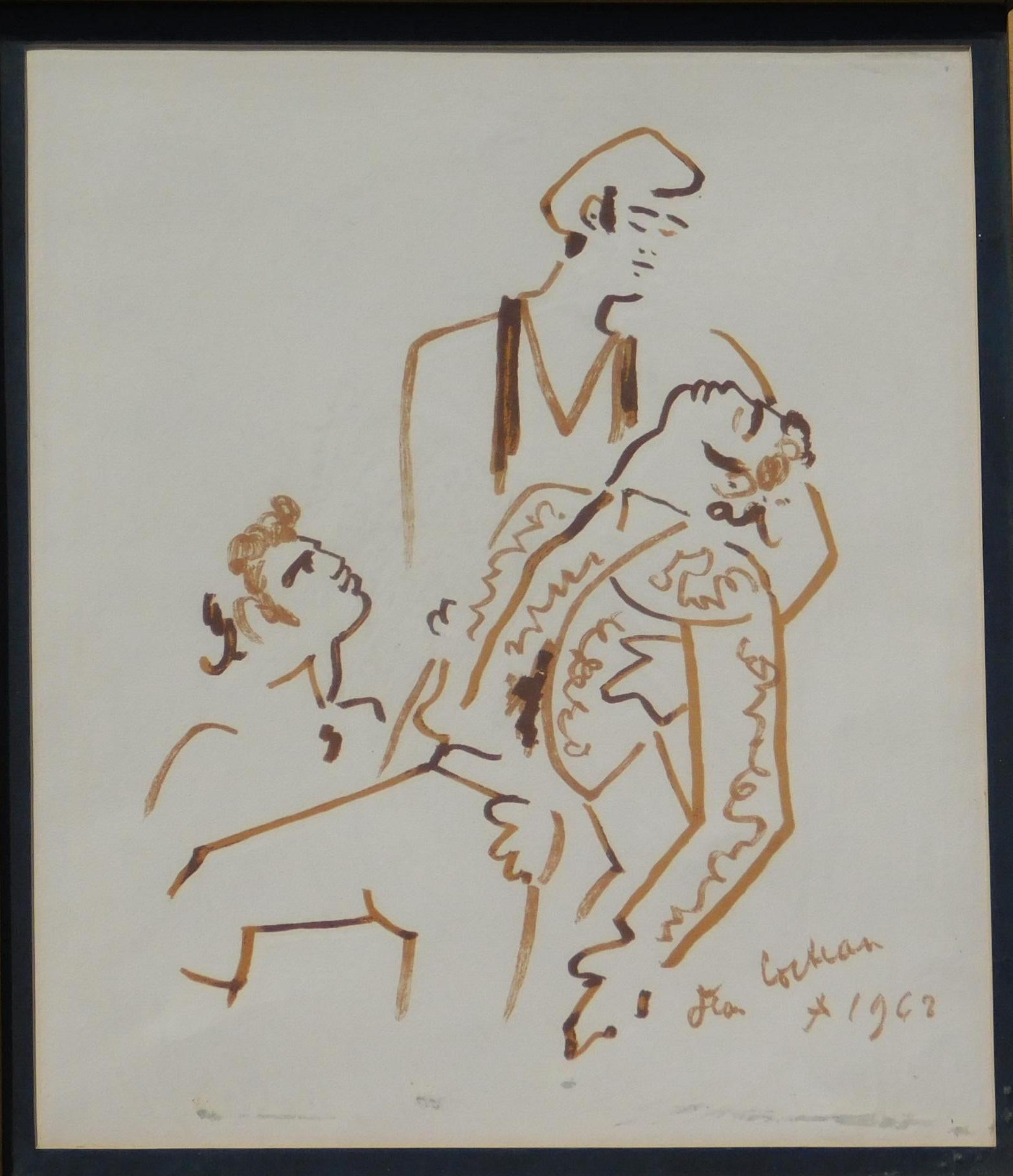 Jean Cocteau-Tinte-Zeichnung in Sepia – Toreador besiegt