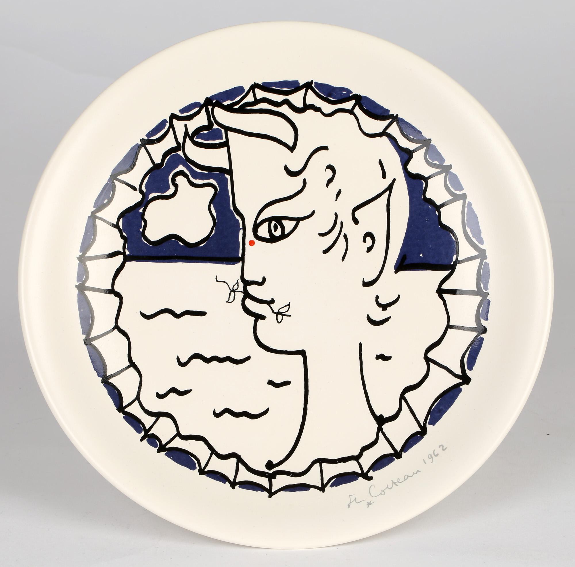 Very stylish and scarce porcelain plaque by Seyei of Japan centred with a faun with a signature for Jean Cocteau and dated 1962 to the rim. The rounded plate shaped plaque is decorated in tones of black and blue with a tiny spot of red against a