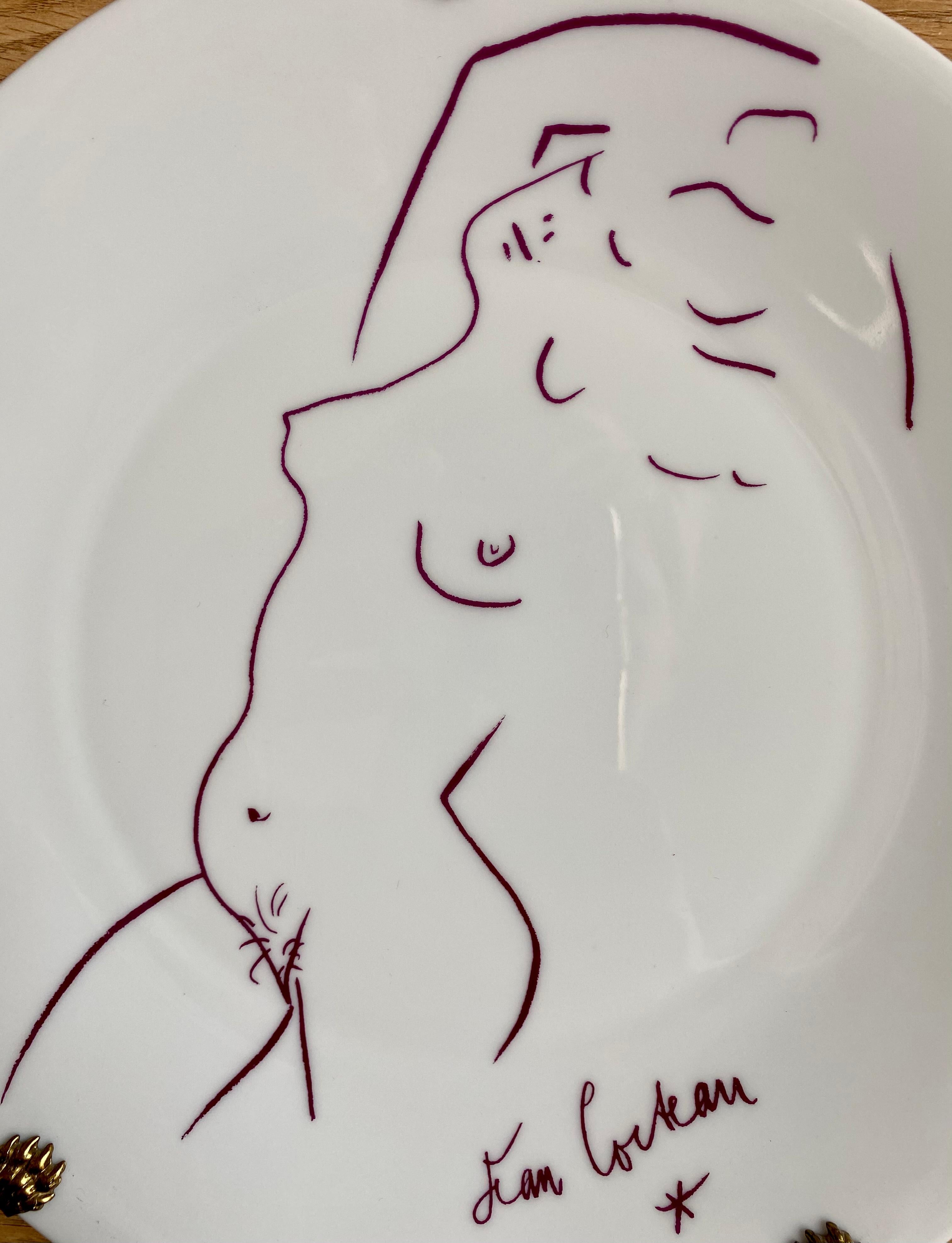 White Limoges porcelain plate illustrated with a drawing by Jean Cocteauentitled 