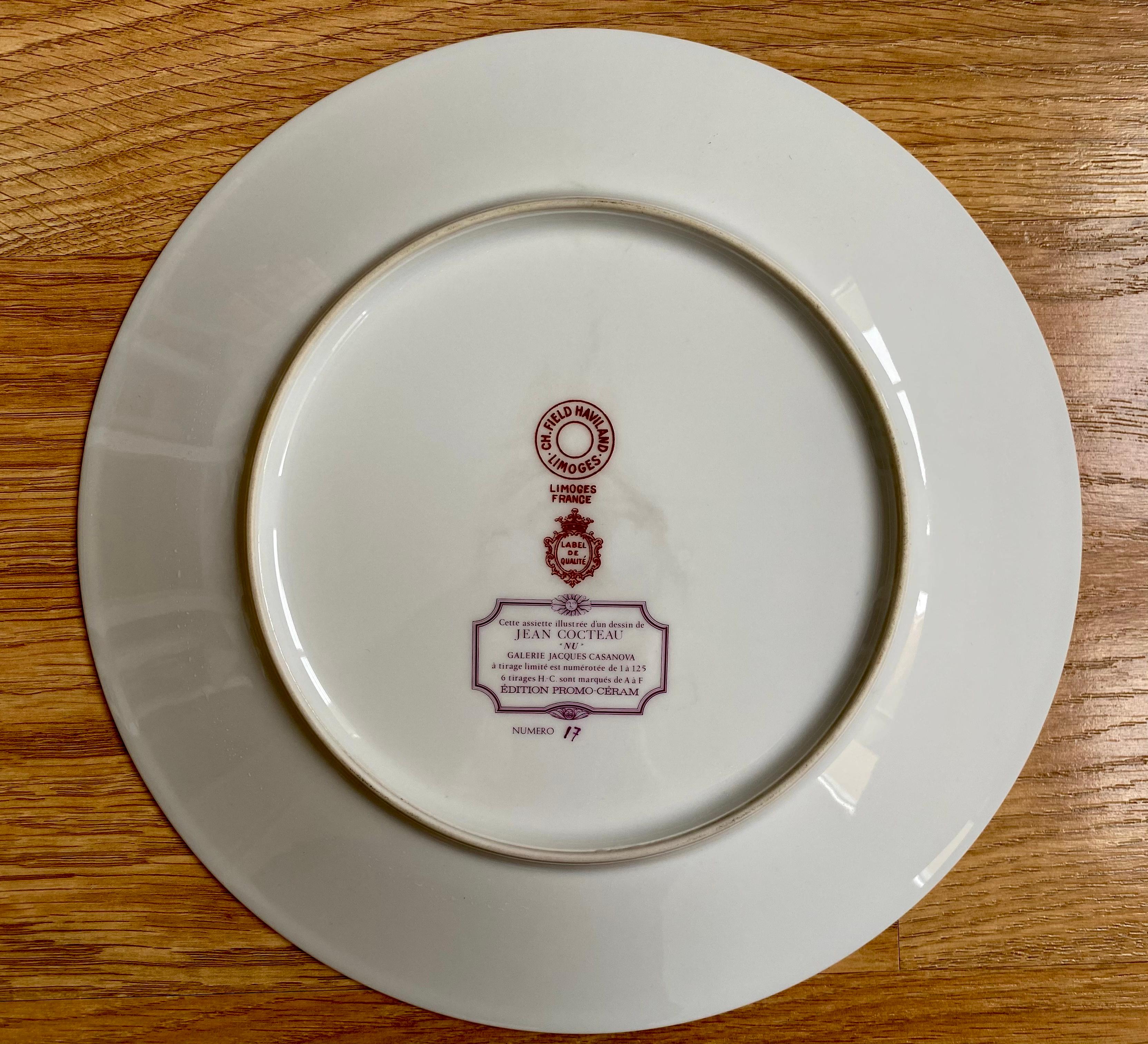 Jean Cocteau, Limoges Porcelain Plate « Naked » Number 17/125, 20th Century In Excellent Condition In Beaune, FR