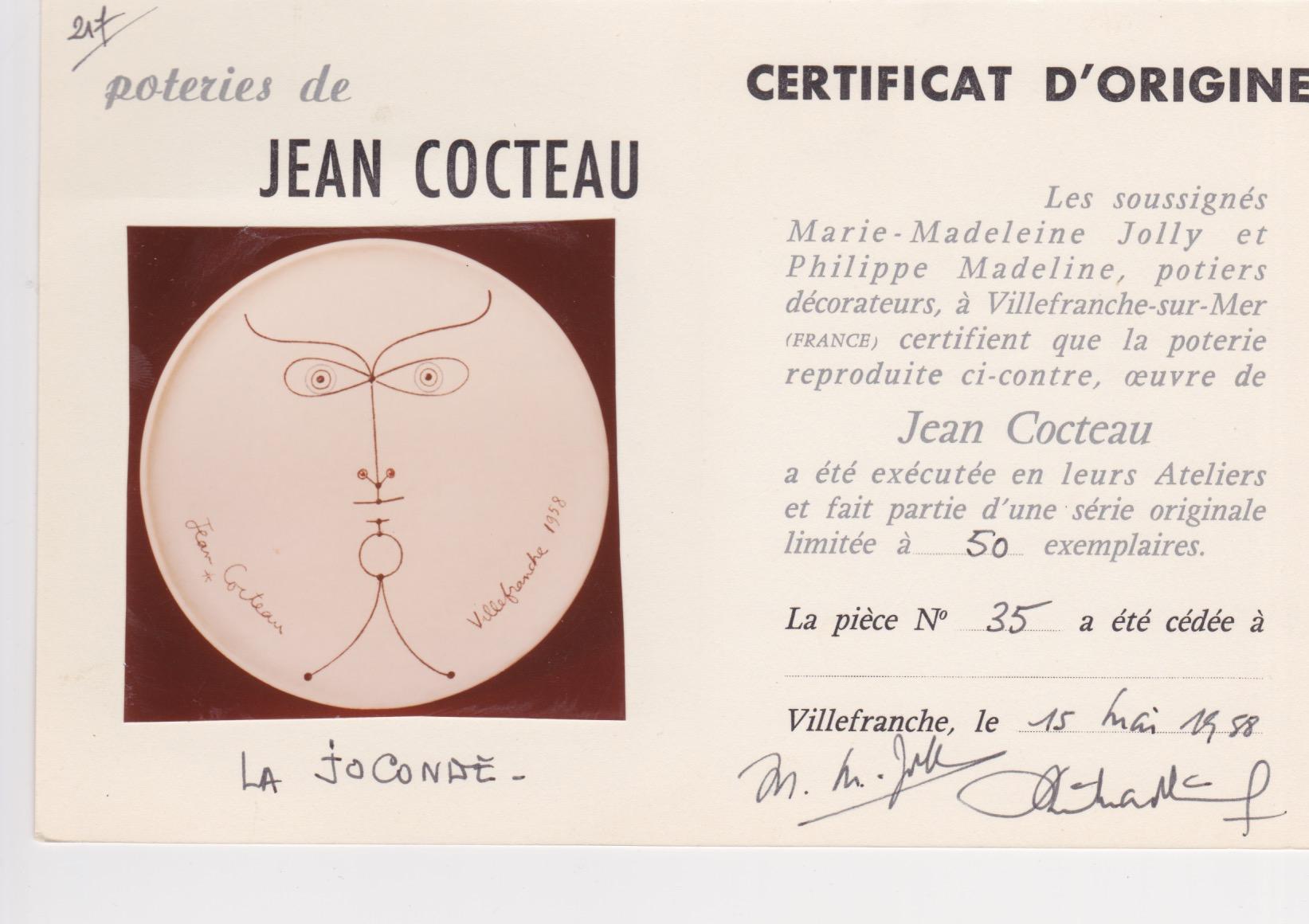 Jean Cocteau, Keramikschale „La Joconde“, Originalausgabe 1958 (Mitte des 20. Jahrhunderts) im Angebot
