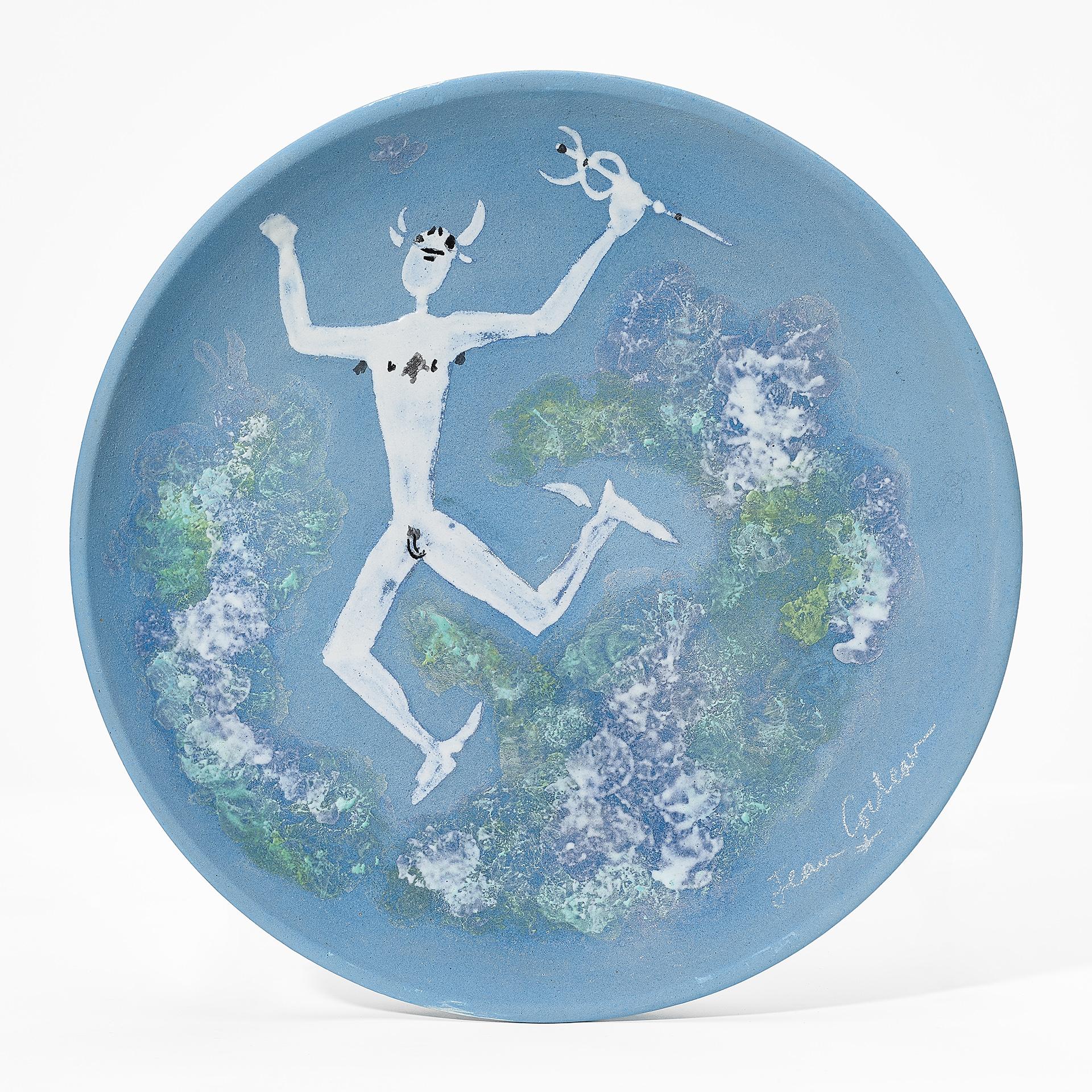 Jean Cocteau ( 1889 -1963 )

" Mercure " . signed and dated Jean Cocteau .
 Edition originale de Jean Cocteau  Atelier Madeline-Jolly (underneath)
partially glazed white  earthenware plate with engobe .
conceived in 1958 in an edition of 20 . N°