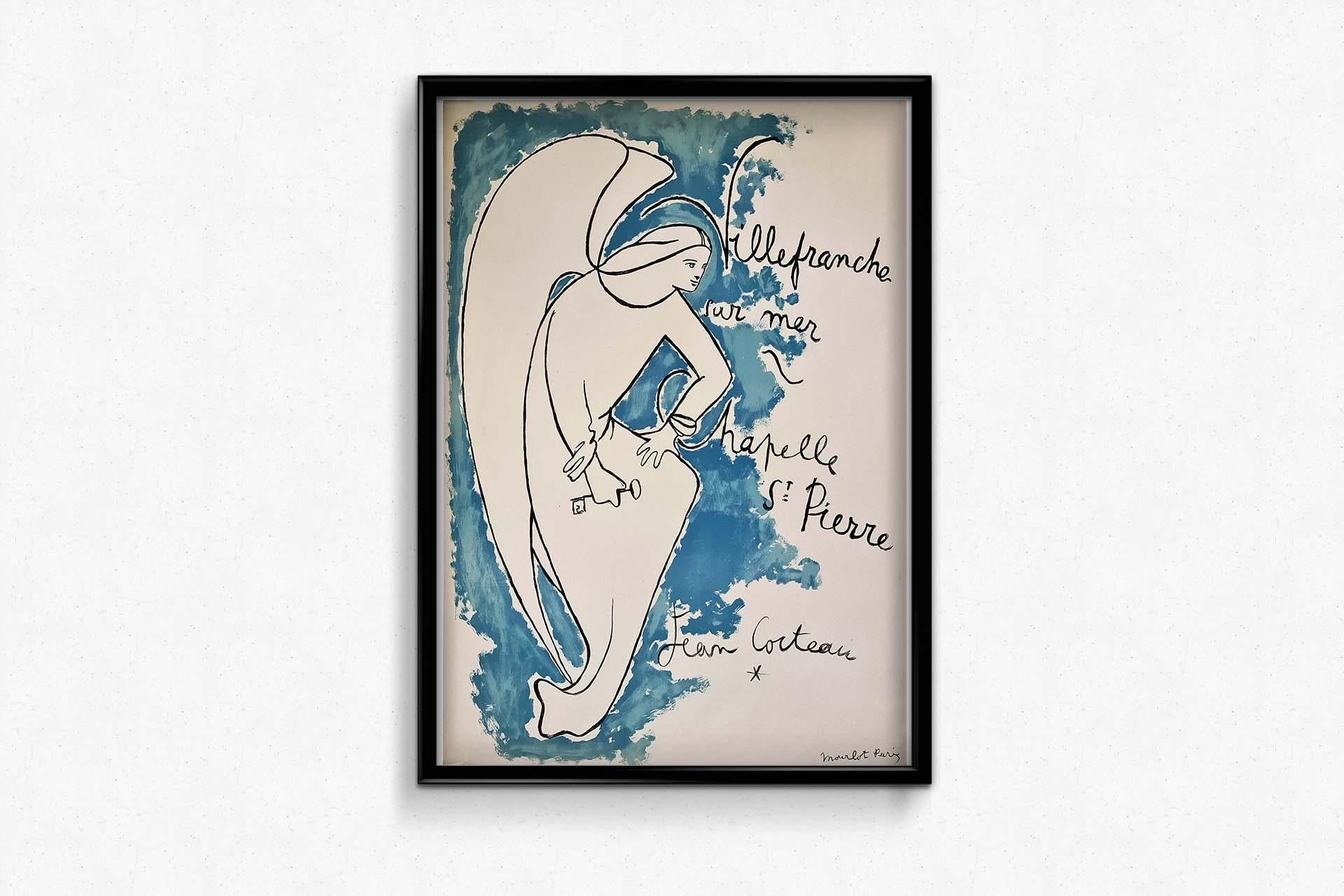 This iconic and original lithographic poster was created by Jean Cocteau to celebrate the Chapelle St. Pierre in the town of Villefranche-sur-Mer, in the south of France. Cocteau spent several months in the small Mediterranean seaside village