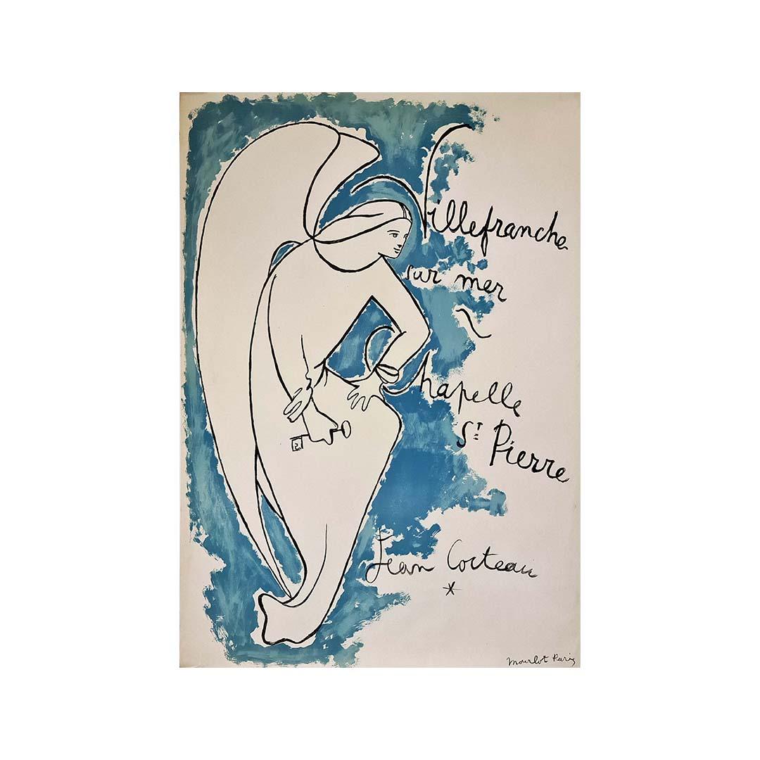 Dieses kultige und originelle lithografische Plakat wurde von Jean Cocteau zur Feier der Chapelle St. Pierre in der südfranzösischen Stadt Villefranche-sur-Mer geschaffen. Cocteau verbrachte mehrere Monate in dem kleinen mediterranen Dorf am Meer