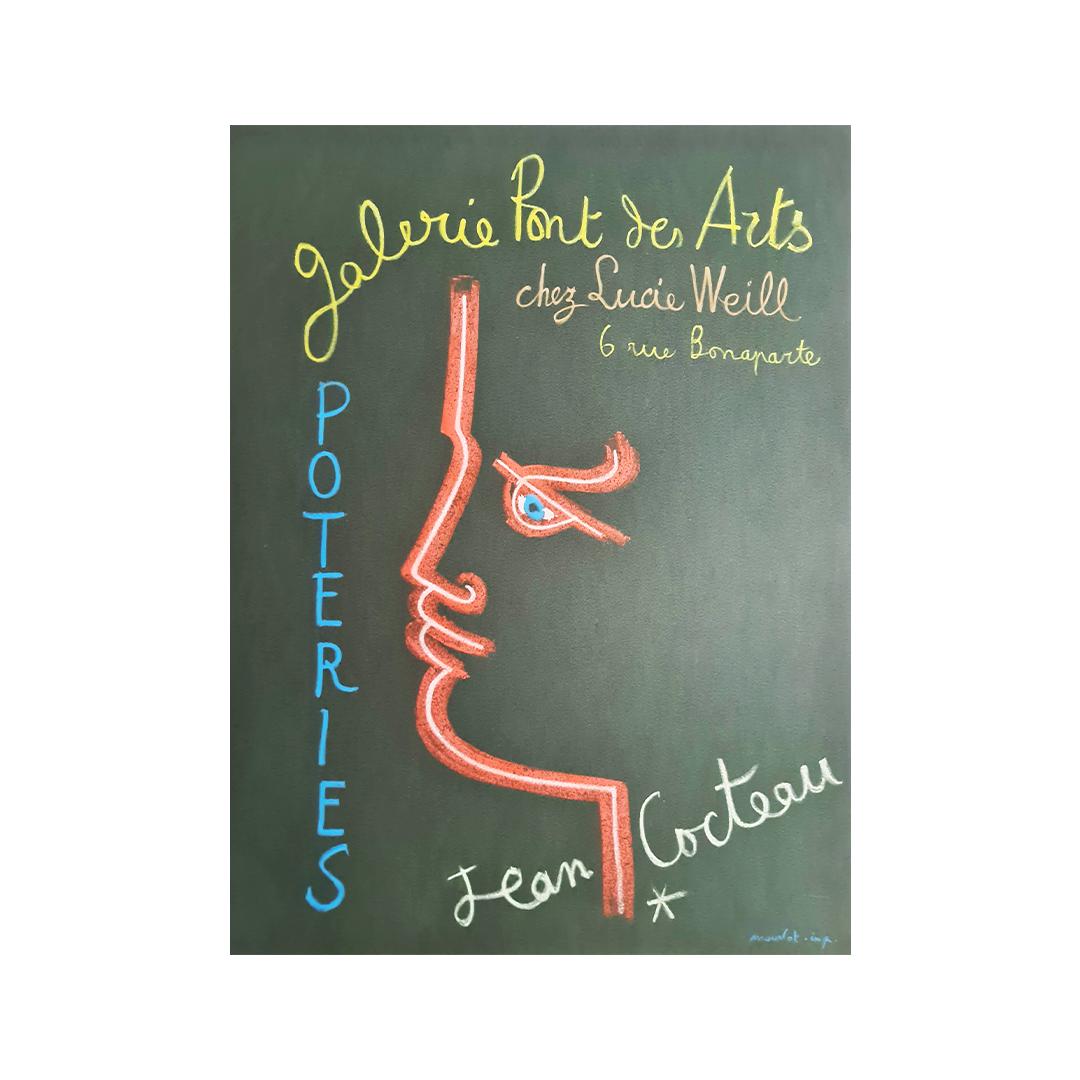 Affiche réalisée par Jean Cocteau 🇫🇷 (1889-1963), poète, peintre, dessinateur, dramaturge et cinéaste français. Dans l'atelier de Madeleine Jolly et Philippe Madeline à Villefranche-sur-Mer, il crée plus de 300 céramiques et bijoux. À la même