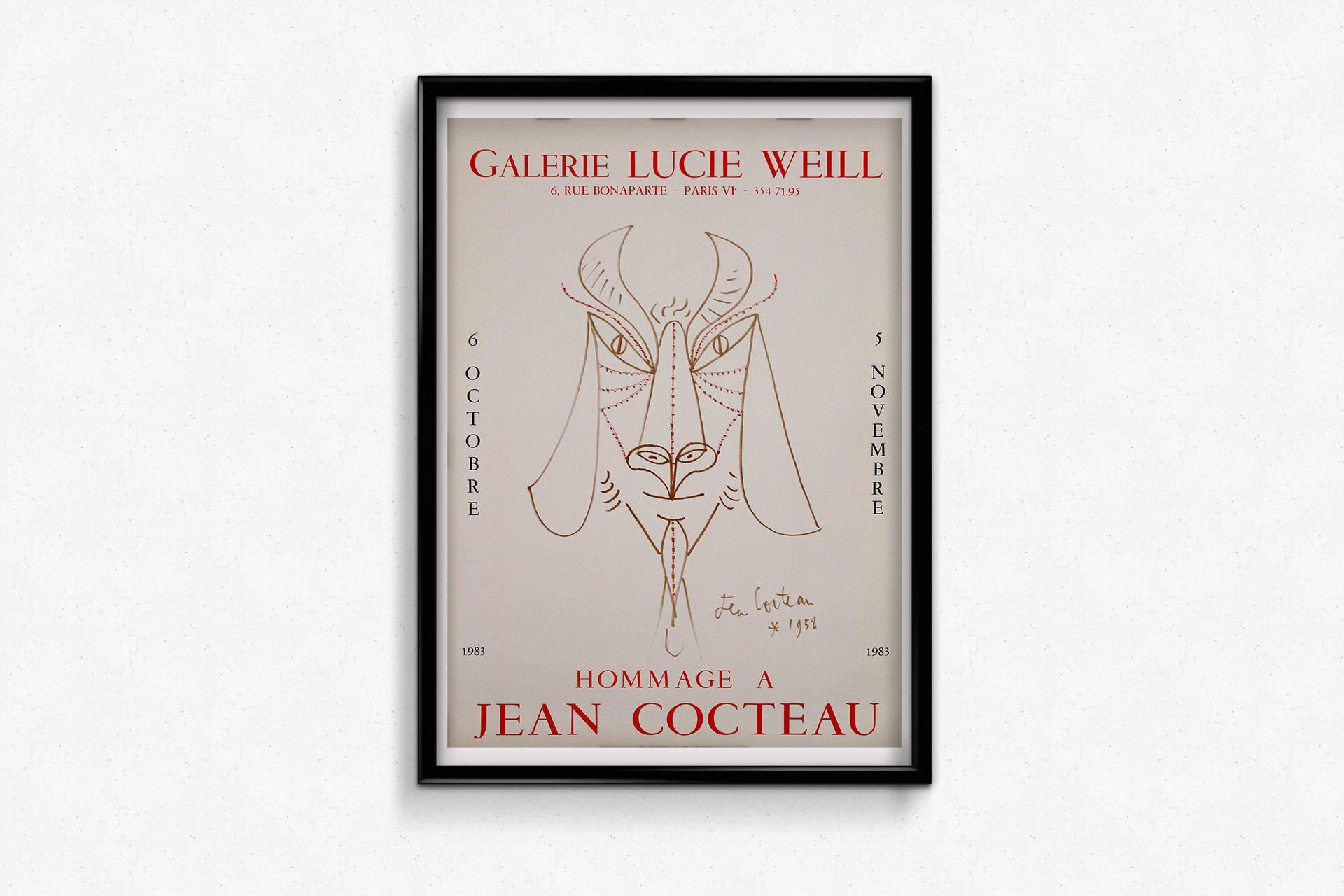 1983 affiche originale de l'exposition Hommage à Jean Cocteau à la Galerie Lucie Weill en vente 1