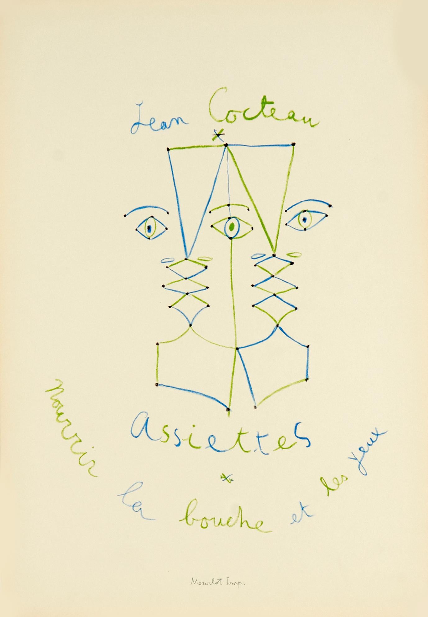 This lithograph was printed at the Atelier Mourlot in 1955 on Arches paper. The title reads in English  'Jean Cocteau Plates - feed both your eyes and your mouth'. Cocteau famously worked at the Workshop Jolly experimenting with ceramics, to which