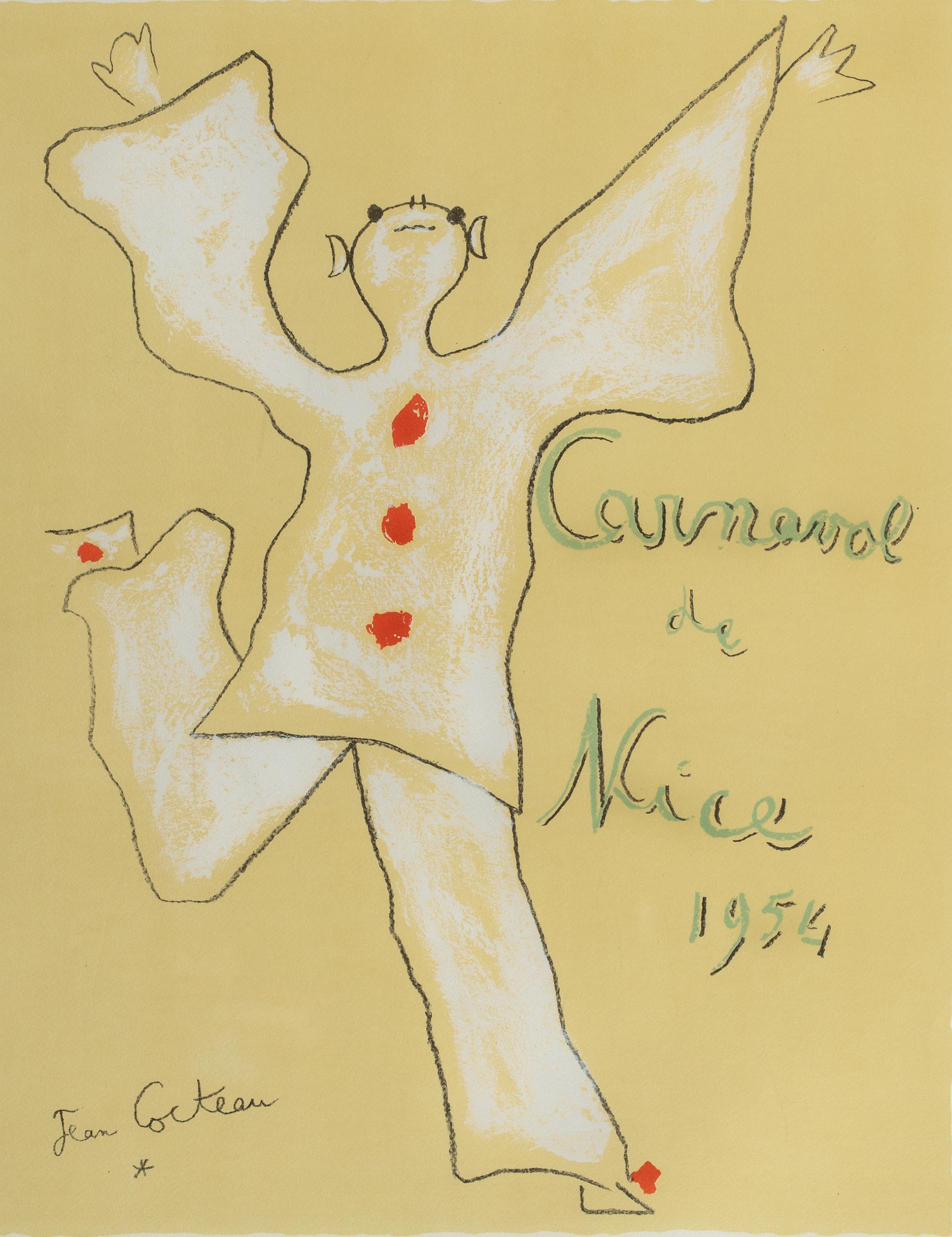 A joyous harlequin, with their arms stretched upwards and their face towards the sky, leaps into the center of the composition. This lithograph was created by Jean Cocteau to celebrate Carnaval in Nice, France in 1952. The work is signed in pencil