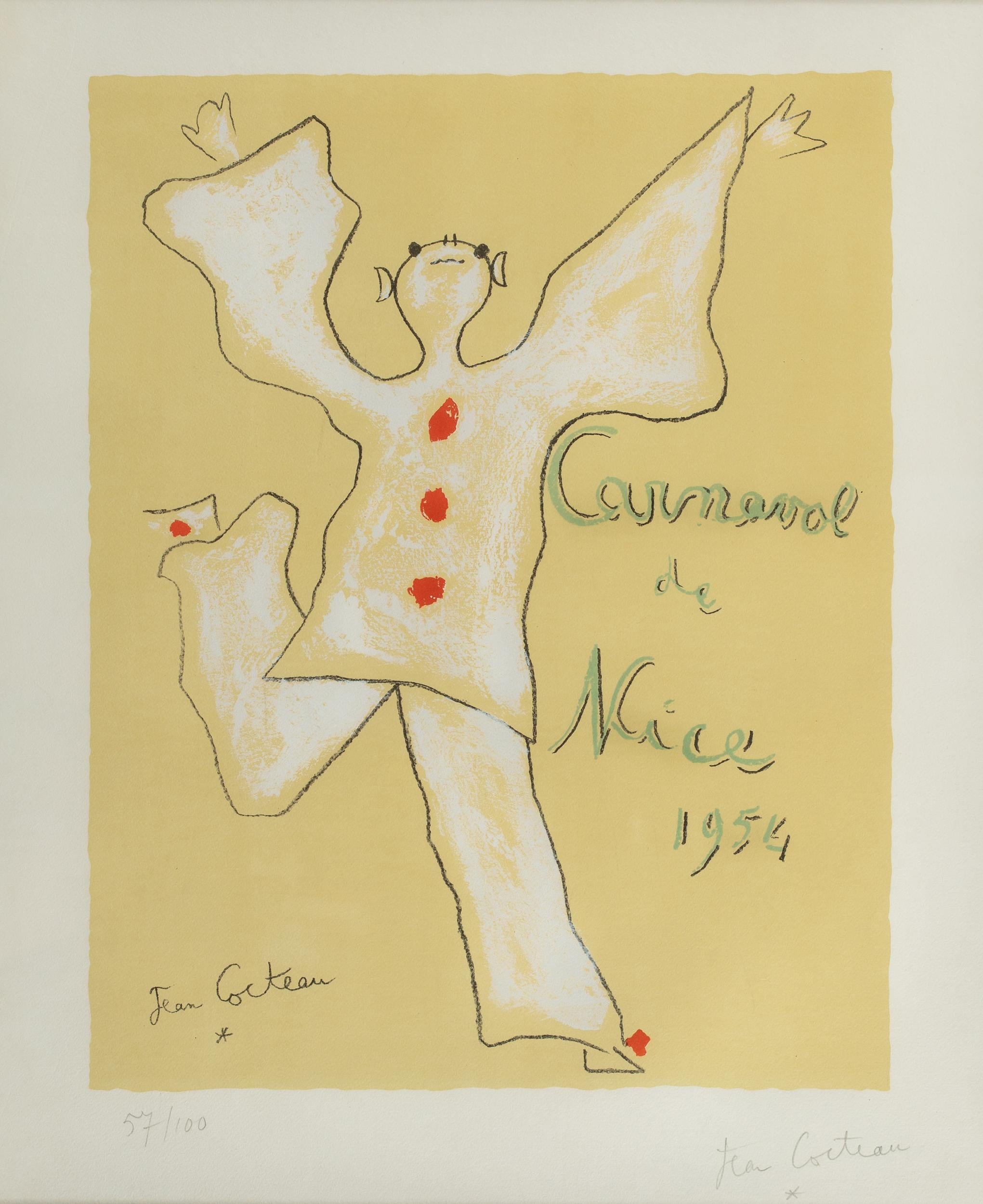 Ein fröhlicher Harlekin, mit nach oben gestreckten Armen und dem Gesicht zum Himmel, springt in die Mitte der Komposition. Diese Lithografie wurde von Jean Cocteau anlässlich des Karnevals in Nizza, Frankreich, im Jahr 1952 geschaffen. Das Werk ist