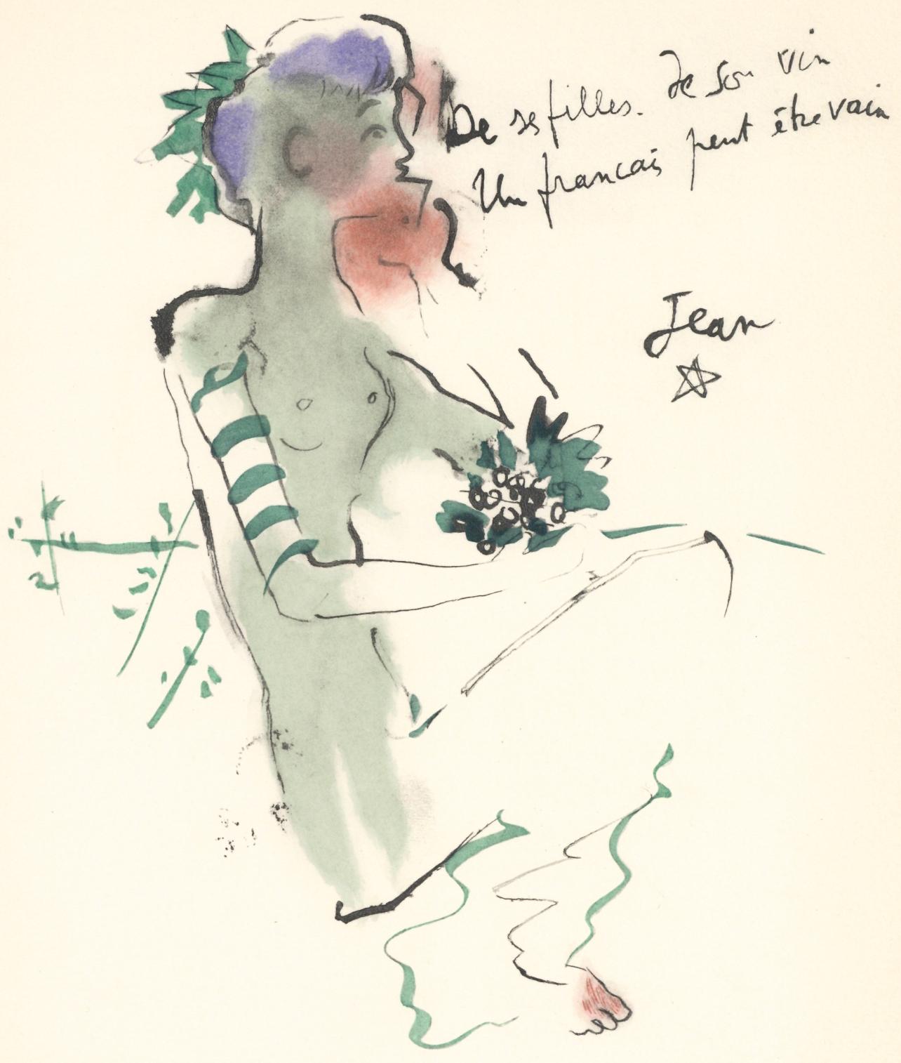 Figurative Print Jean Cocteau - Cocteau, Bacchante assise, Vins, Fleurs et Flammes (après)