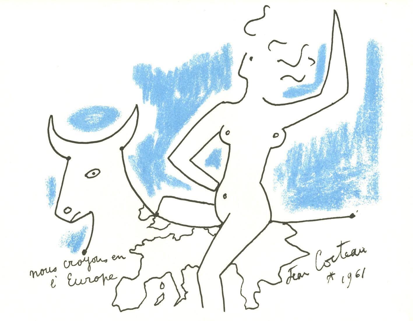 Cocteau, Composition, Nous croyons en l'Europe (after) - Blue Landscape Print by Jean Cocteau