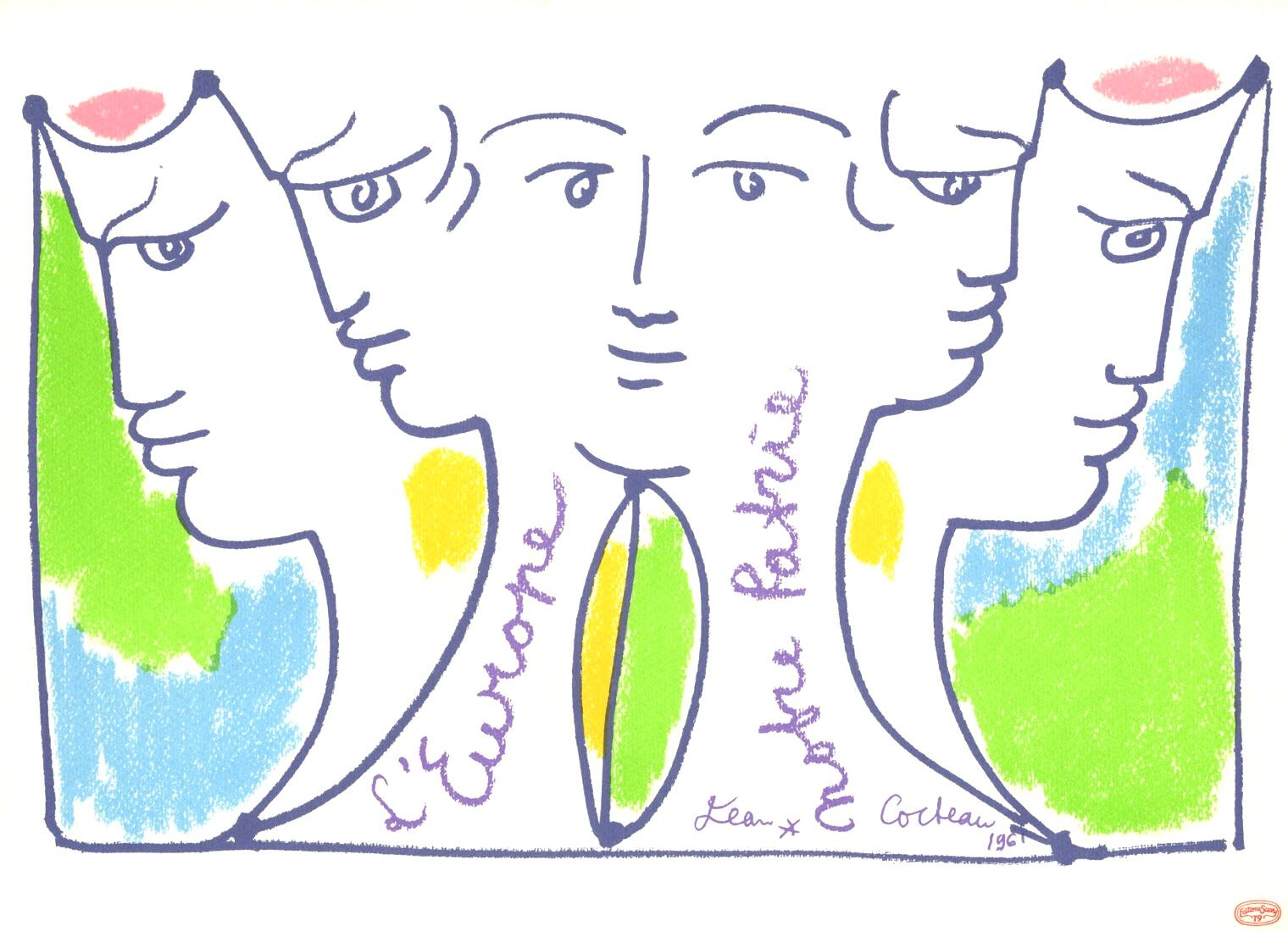Cocteau, Composizione, Nous croyons en l'Europe (dopo) - Figurative Print Grigio di Jean Cocteau