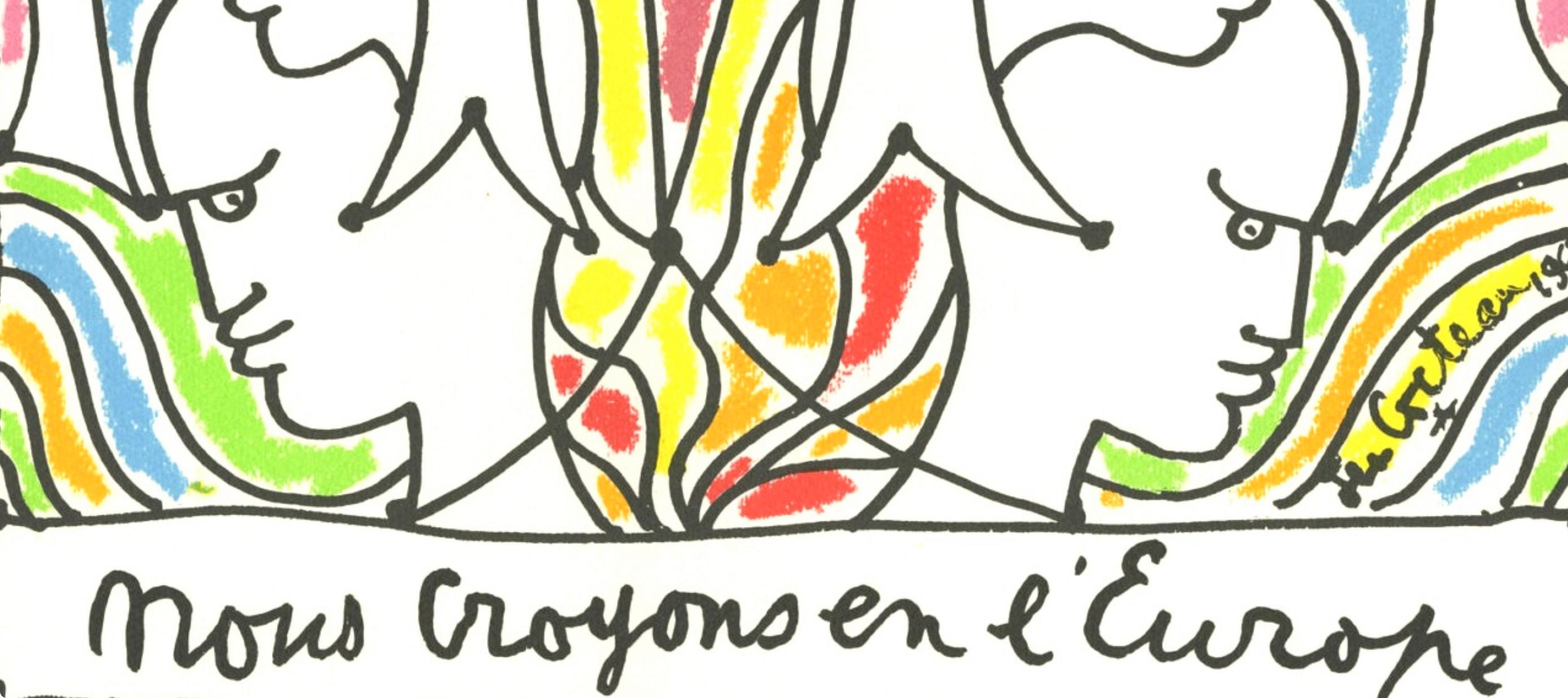 Cocteau, Composition, Nous croyons en l'Europe (d'après) - Beige Landscape Print par Jean Cocteau