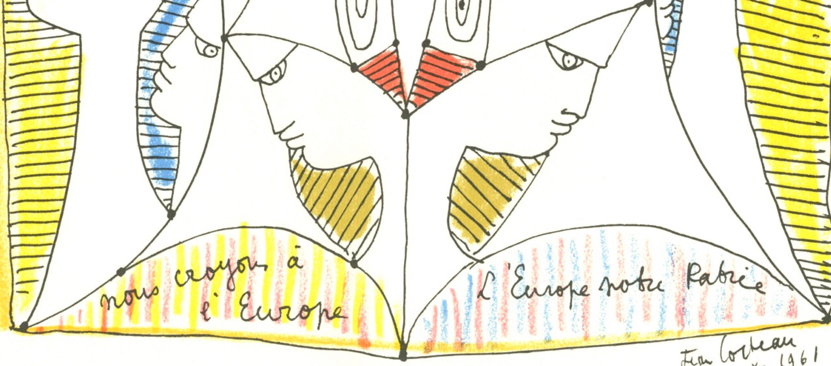 Cocteau, Composición, Nous croyons en l'Europe (después) - Figurative Print Blanco de Jean Cocteau