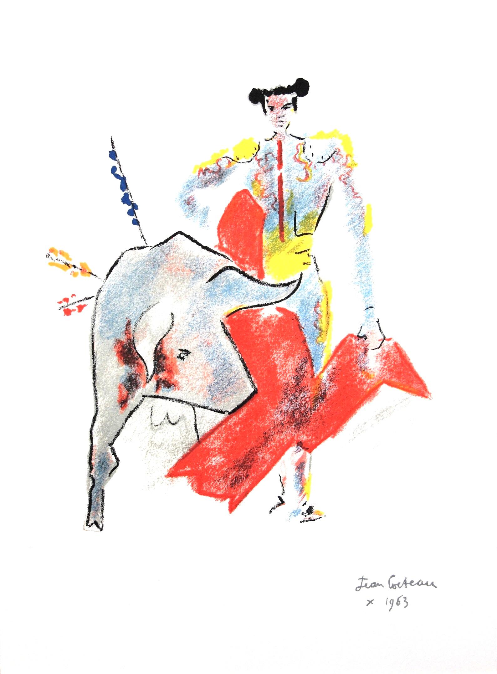 Figurative Print Jean Cocteau - Cocteau, composition, Taureaux (après)