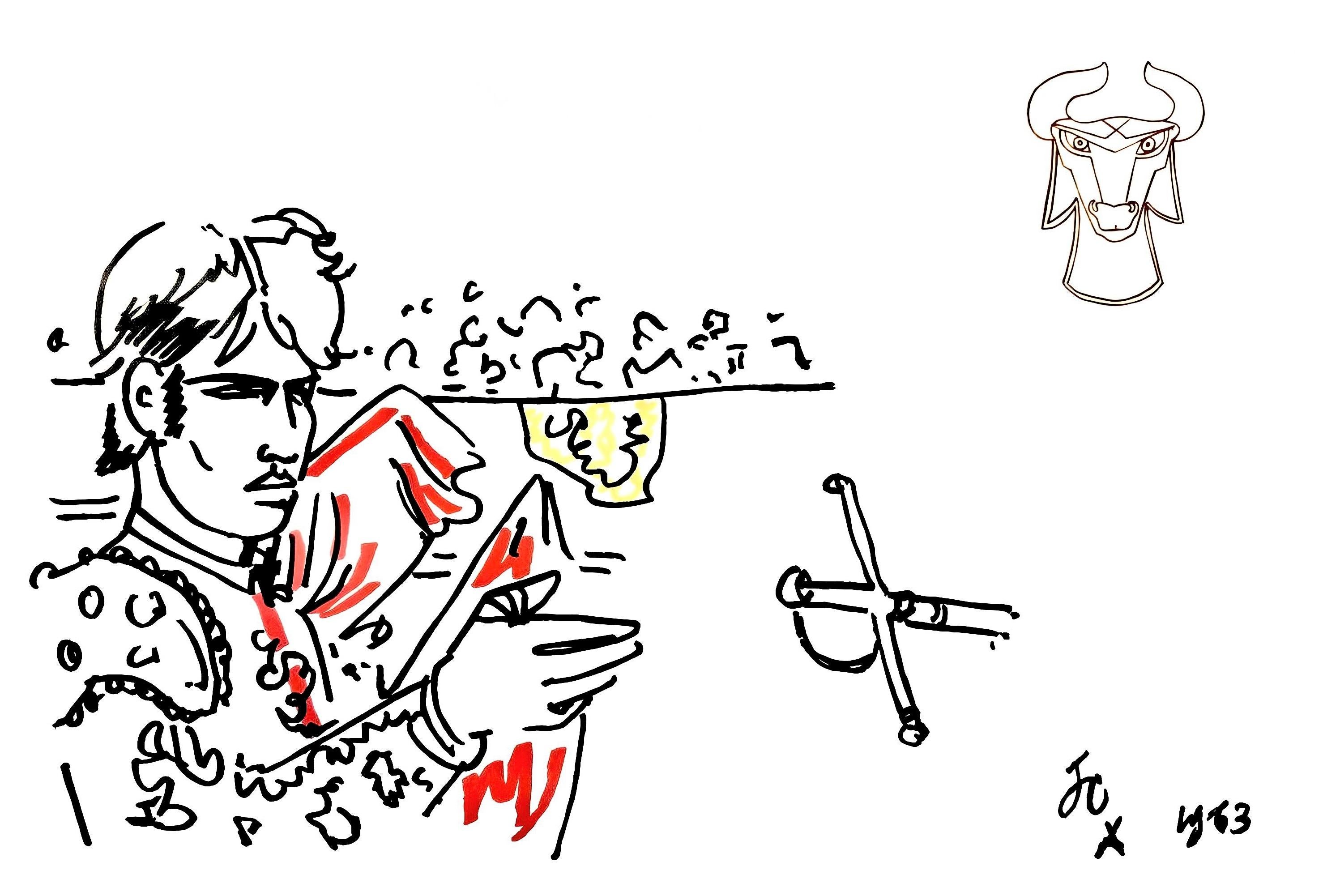 Lithograph on vélin de Rives paper. Paper Size: 15 x 22 inches, with centerfold, as issued. Inscription: Signed in the plate and unnumbered, as issued. Notes: From the folio, Taureaux, Lithographies de Jean Cocteau, 1965. Published by Éditions