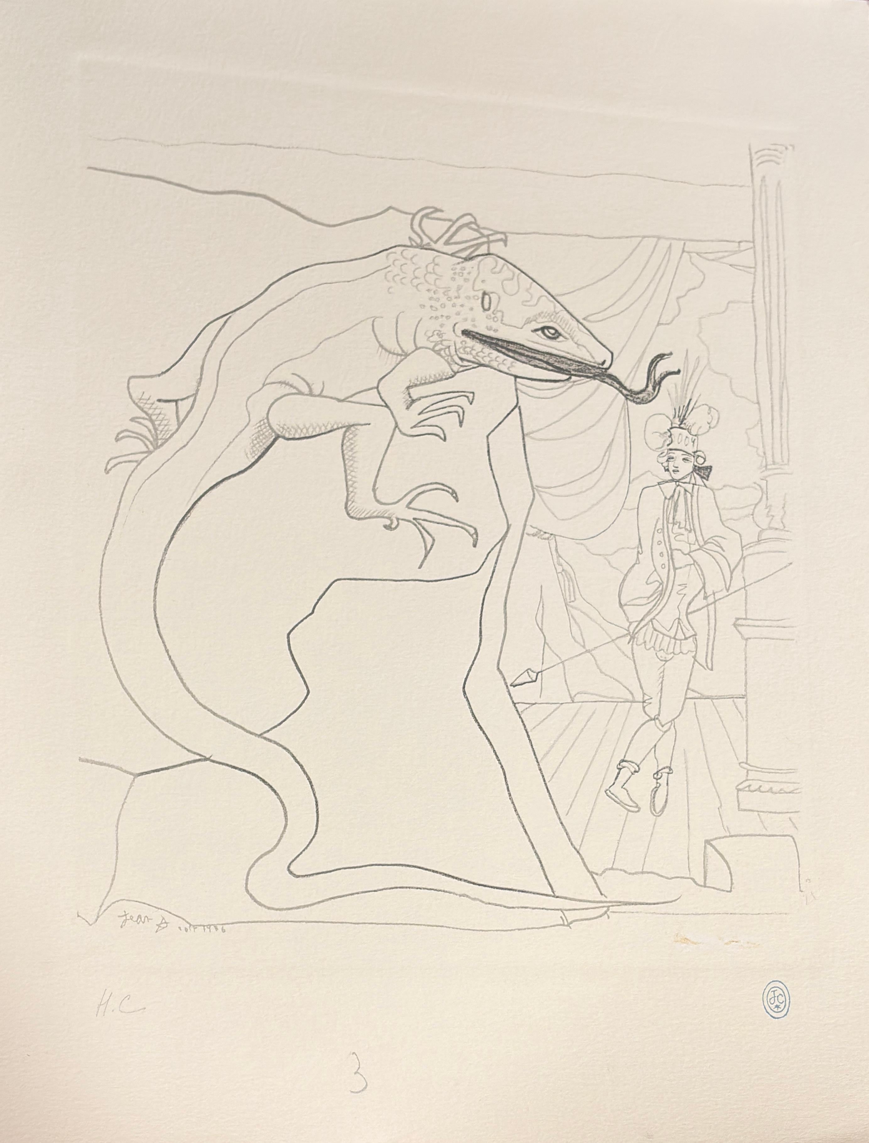 Französische moderne Kunst von Jean Cocteau – „Le Lézard et Le Page“