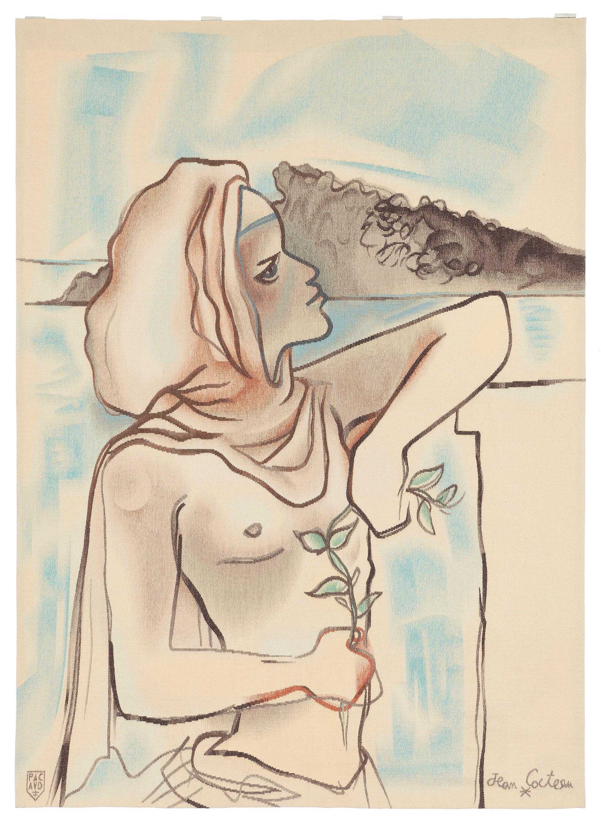 Homme Accoudé . Tapestry  " E.A Kia Ora «  - Print by Jean Cocteau