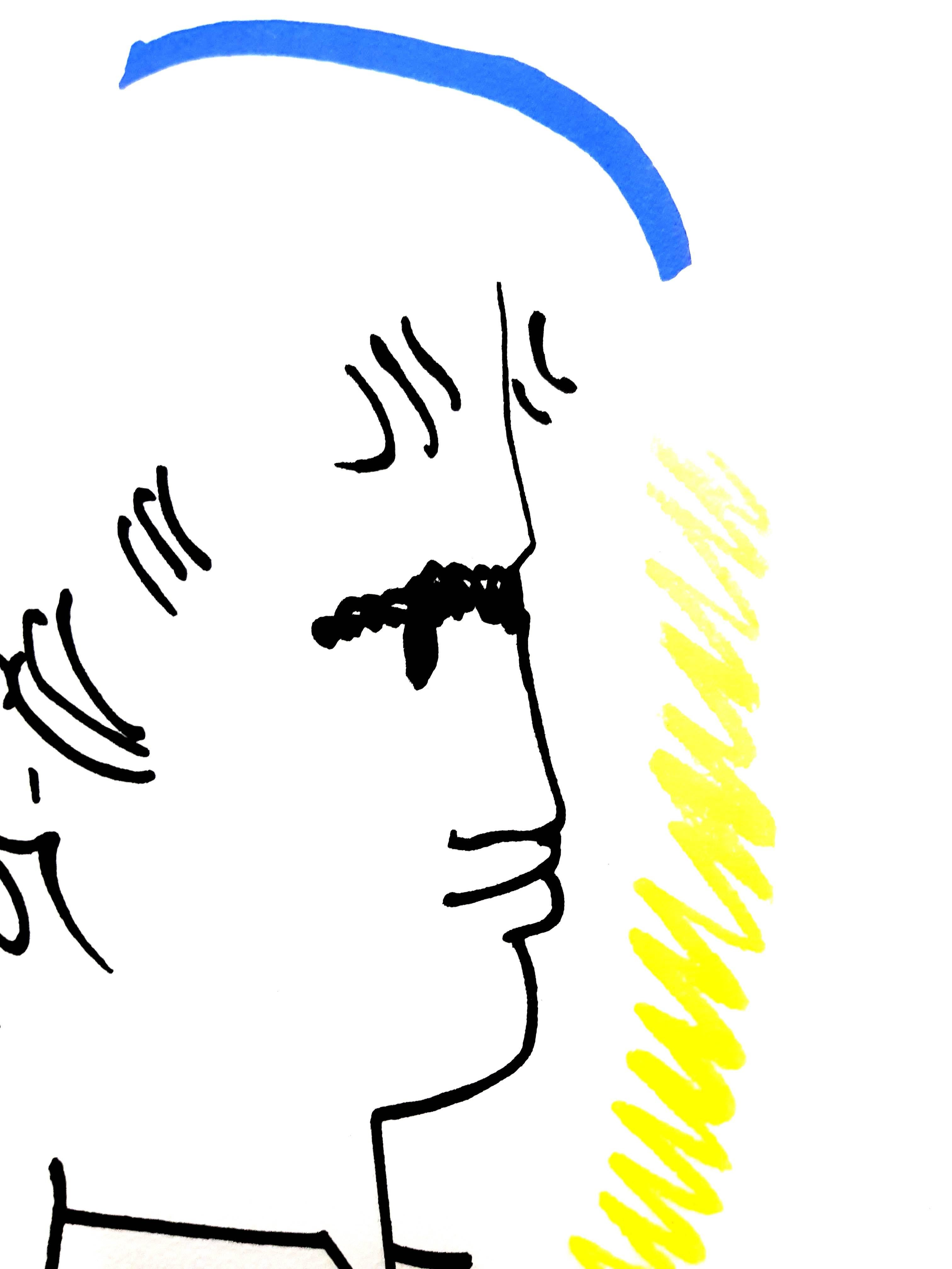 Jean Cocteau - Retrato colorido - Litografía original en venta 2