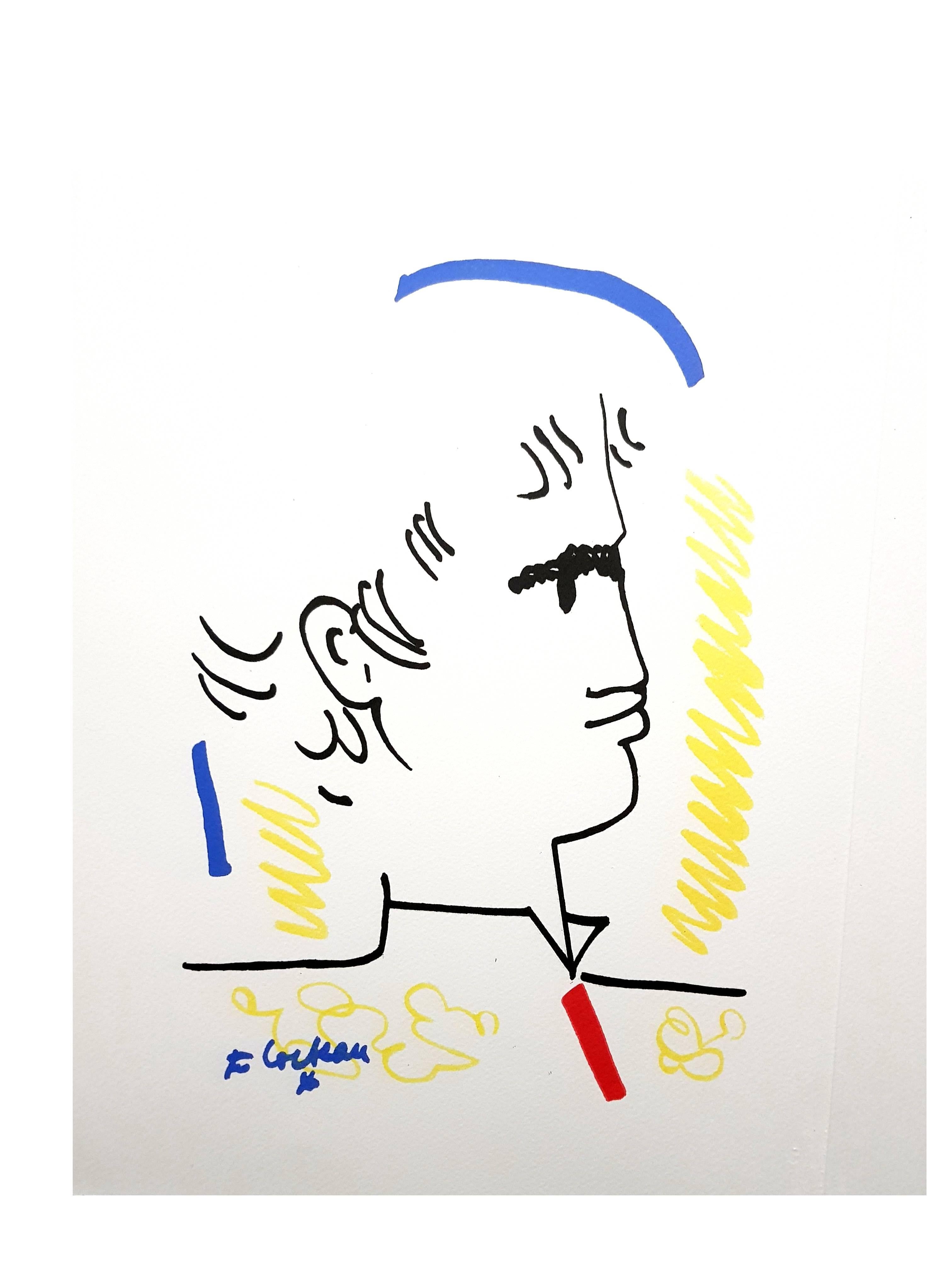 Jean Cocteau - Colorful Portrait - Original Lithograph For Sale 1