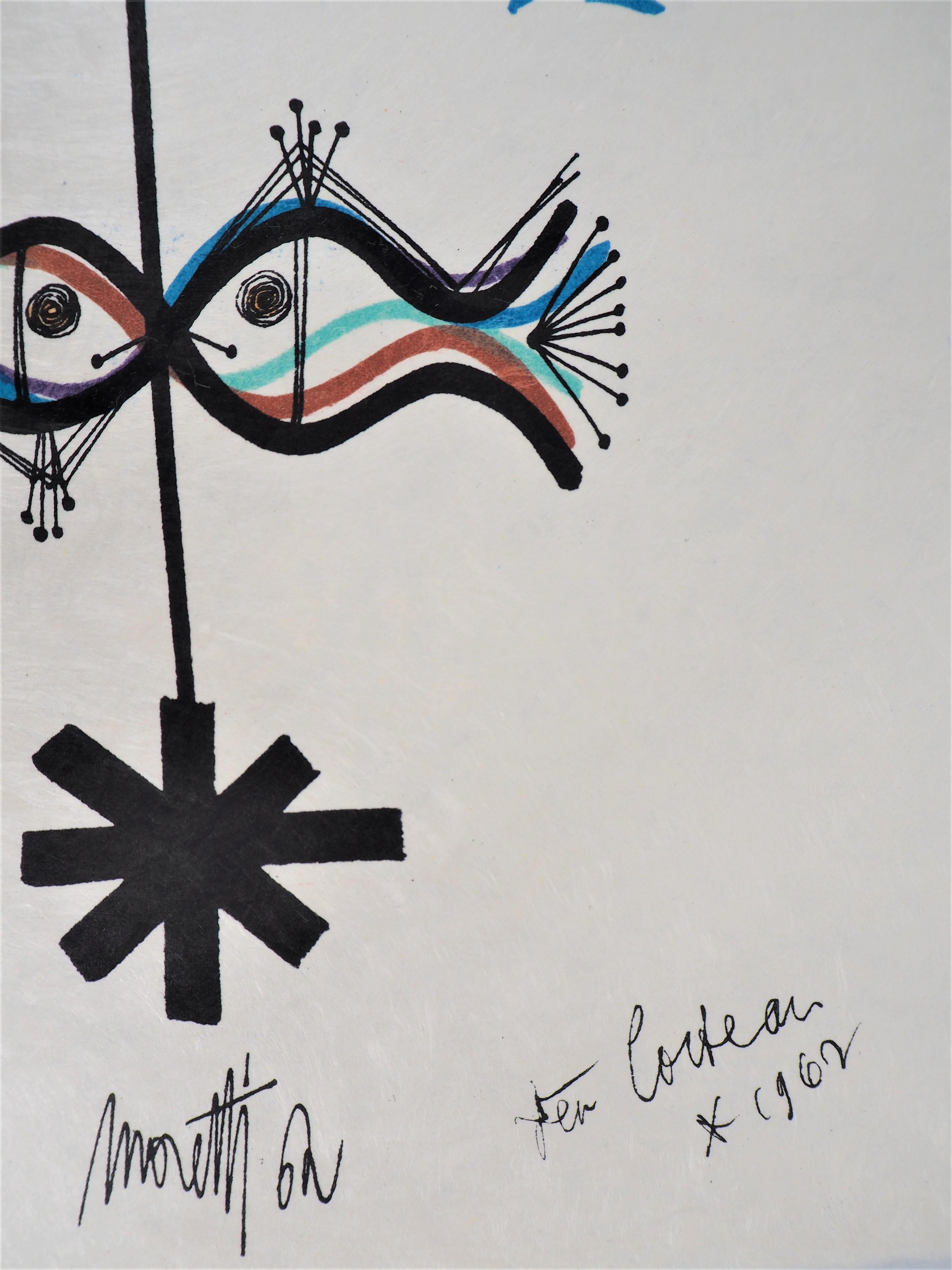 Jean COCTEAU und Raymond MORETTI: Feier – Original signierte Lithographie mit Hansign (Grau), Figurative Print, von Jean Cocteau
