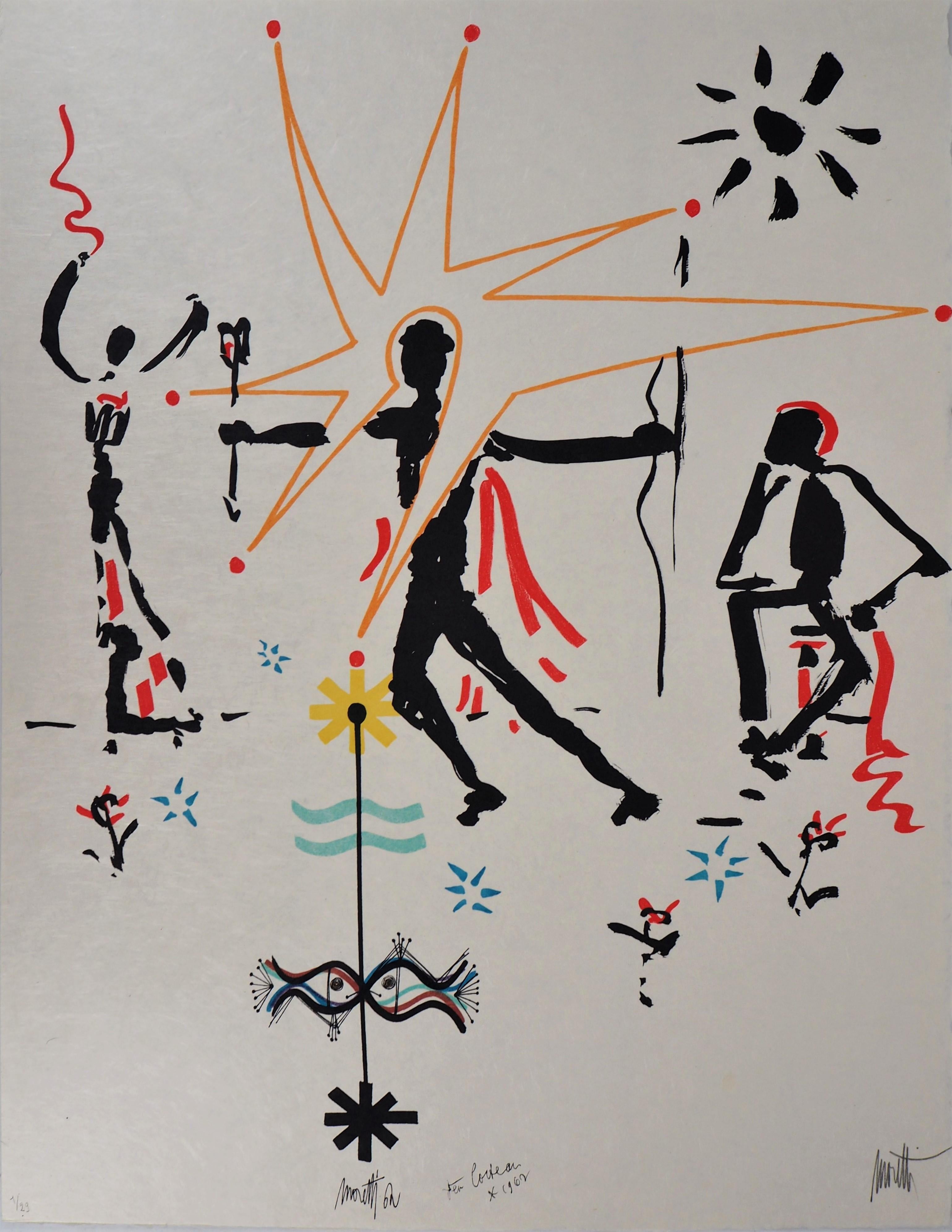 Figurative Print de Jean Cocteau - Jean COCTEAU y Raymond MORETTI : Celebración - Litografía original Hansigned
