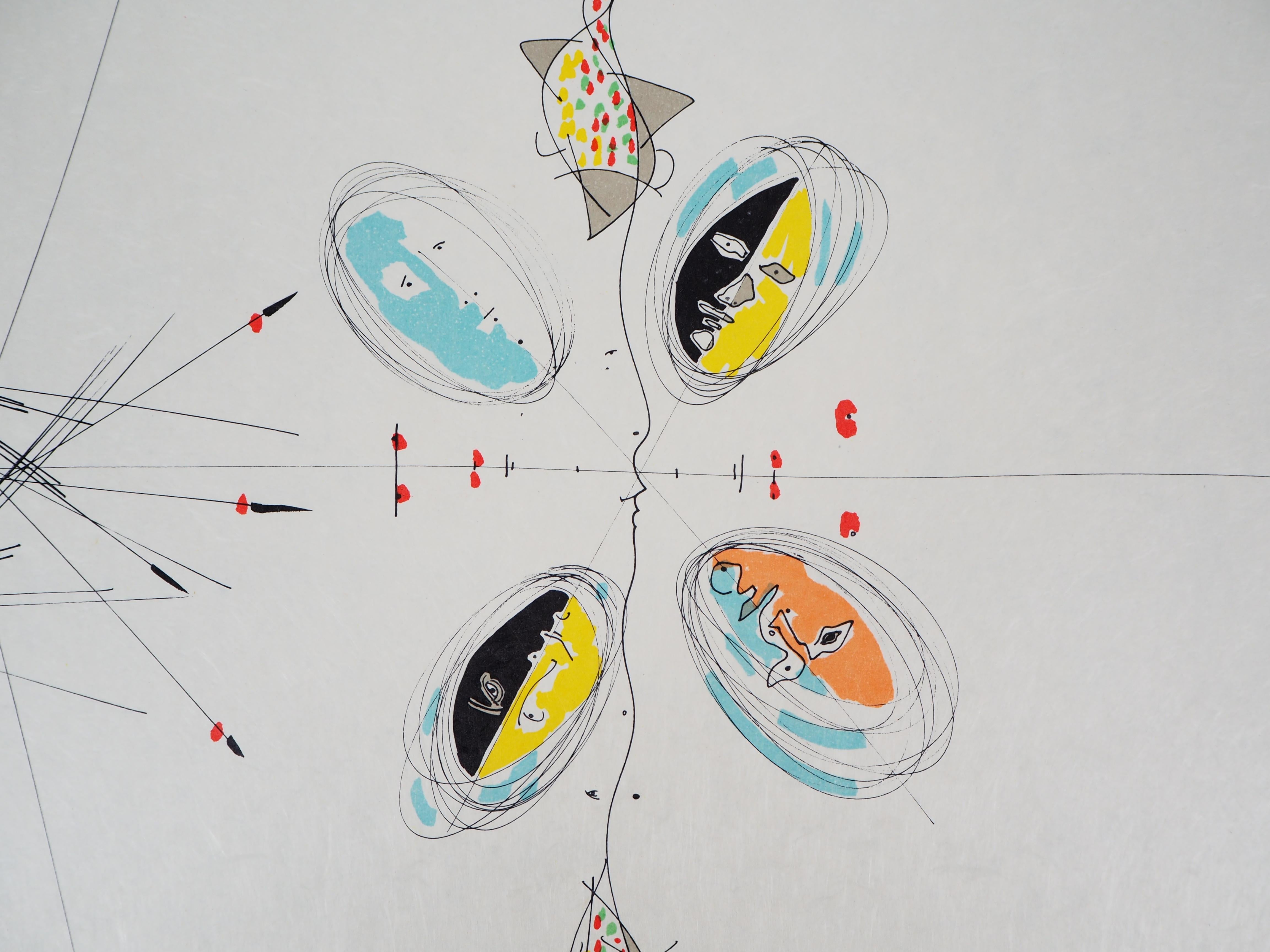 Jean COCTEAU y Raymond MORETTI :  Caras - Litografía original Hansigned - Figurative Print Gris de Jean Cocteau