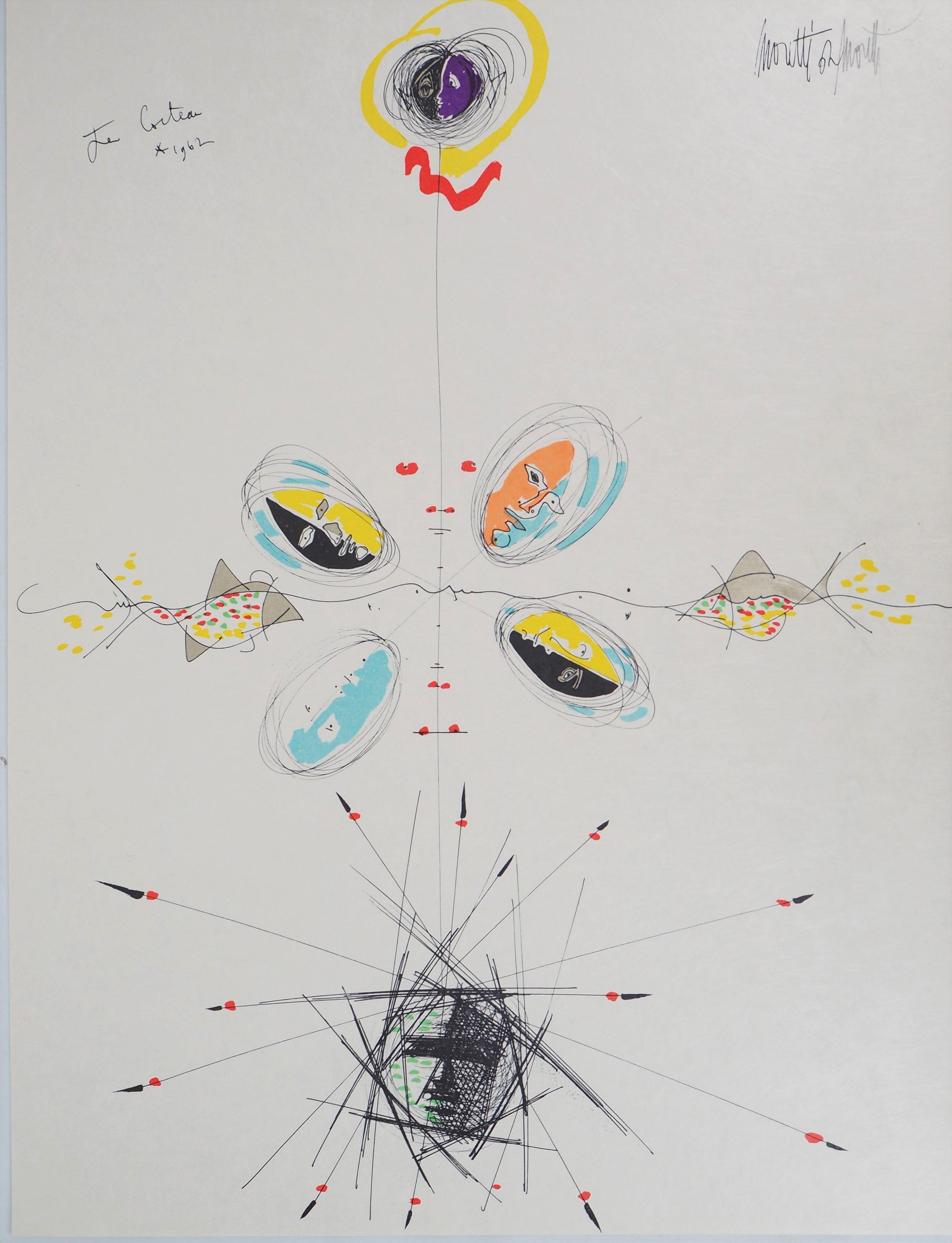 Figurative Print de Jean Cocteau - Jean COCTEAU y Raymond MORETTI :  Caras - Litografía original Hansigned