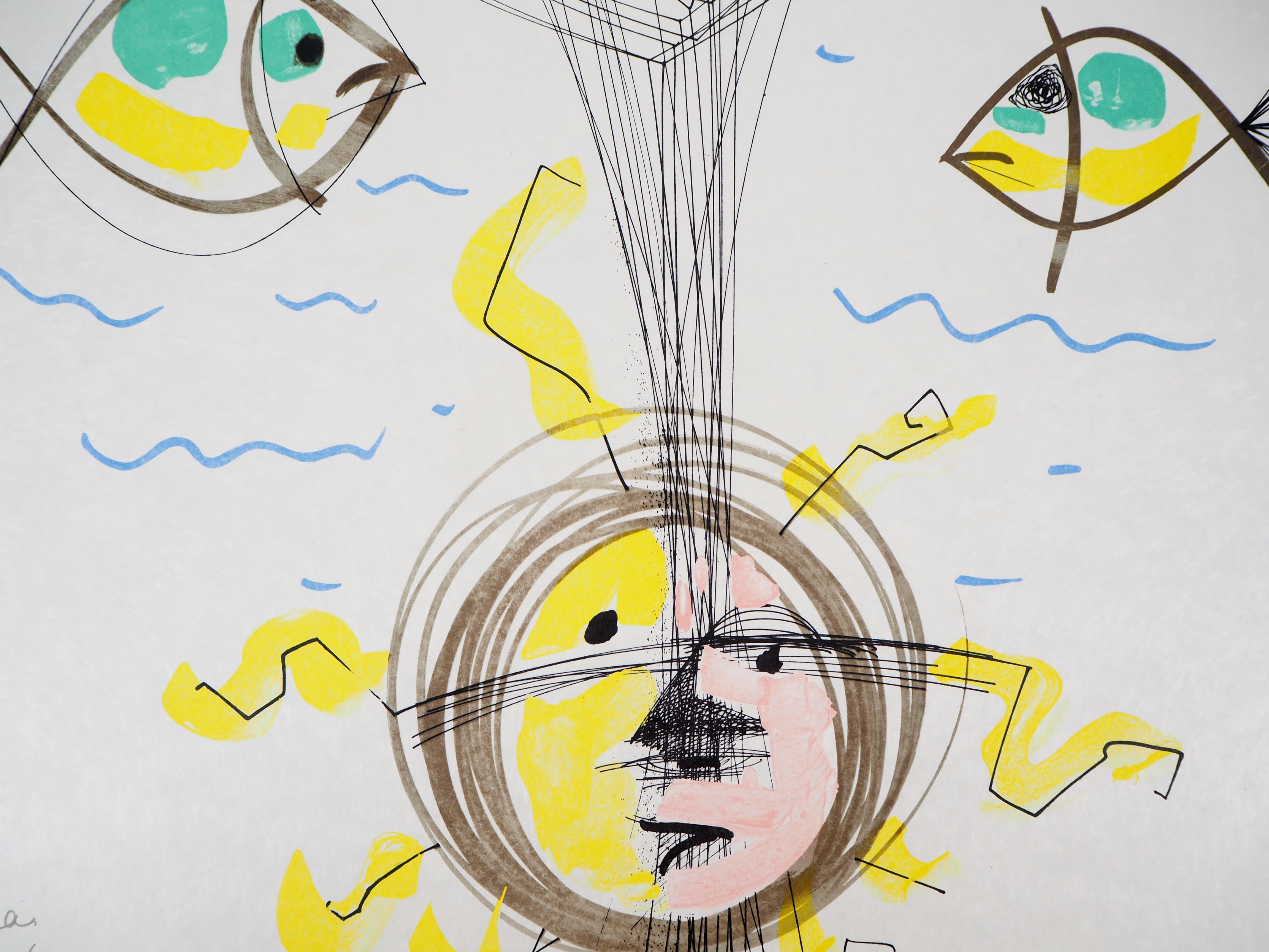 Jean COCTEAU and Raymond MORETTI : The Earth - Original Hansigned Lithograph - Gray Figurative Print by Jean Cocteau