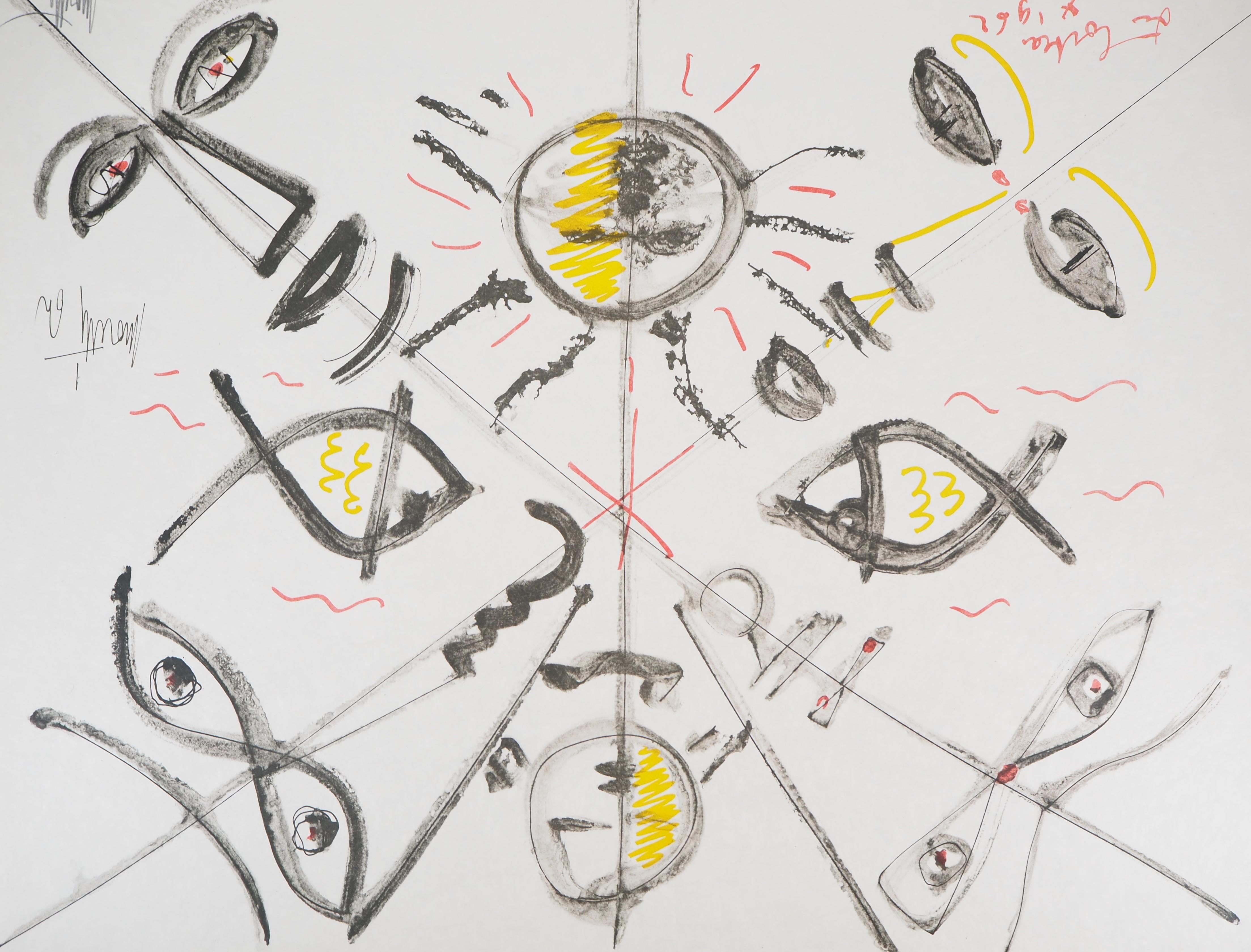 Jean COCTEAU and Raymond MORETTI : The Evolution - Original Hansigned Lithograph - Gray Figurative Print by Jean Cocteau
