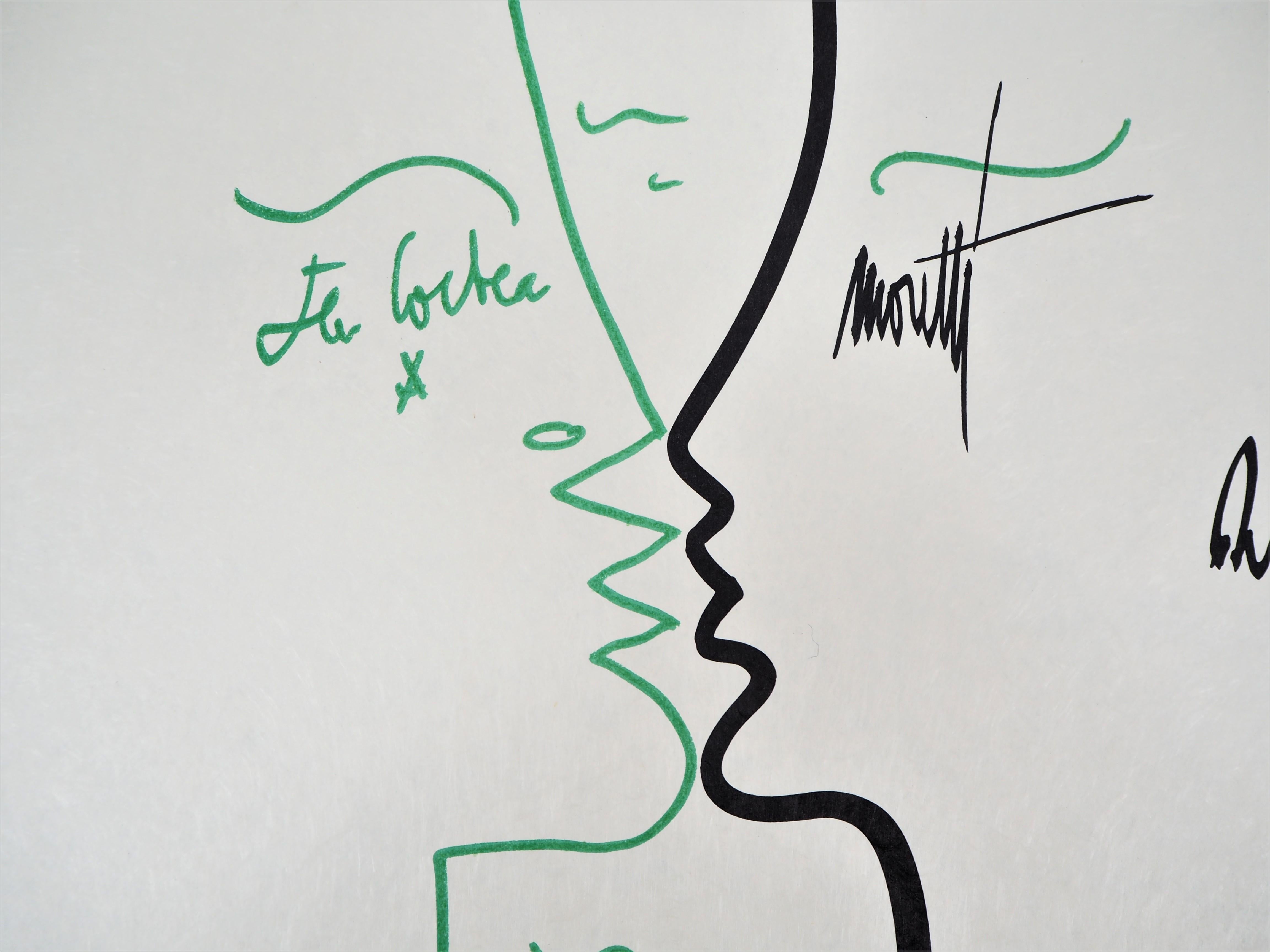 Jean Cocteau e Raymond Moretti
Il bacio 

Litografia originale
Firma stampata nella lastra, firma autografa di Raymond Moretti
Numerato EA 1/10 - Cercare molto bene la prova d'artista con il numero 1.
Su pergamena Arches 50 x 65 cm (c. 19,6 x 25,5