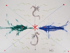 Jean COCTEAU e Raymond Moretti : I cavallucci marini - Litografia originale firmata da Hans