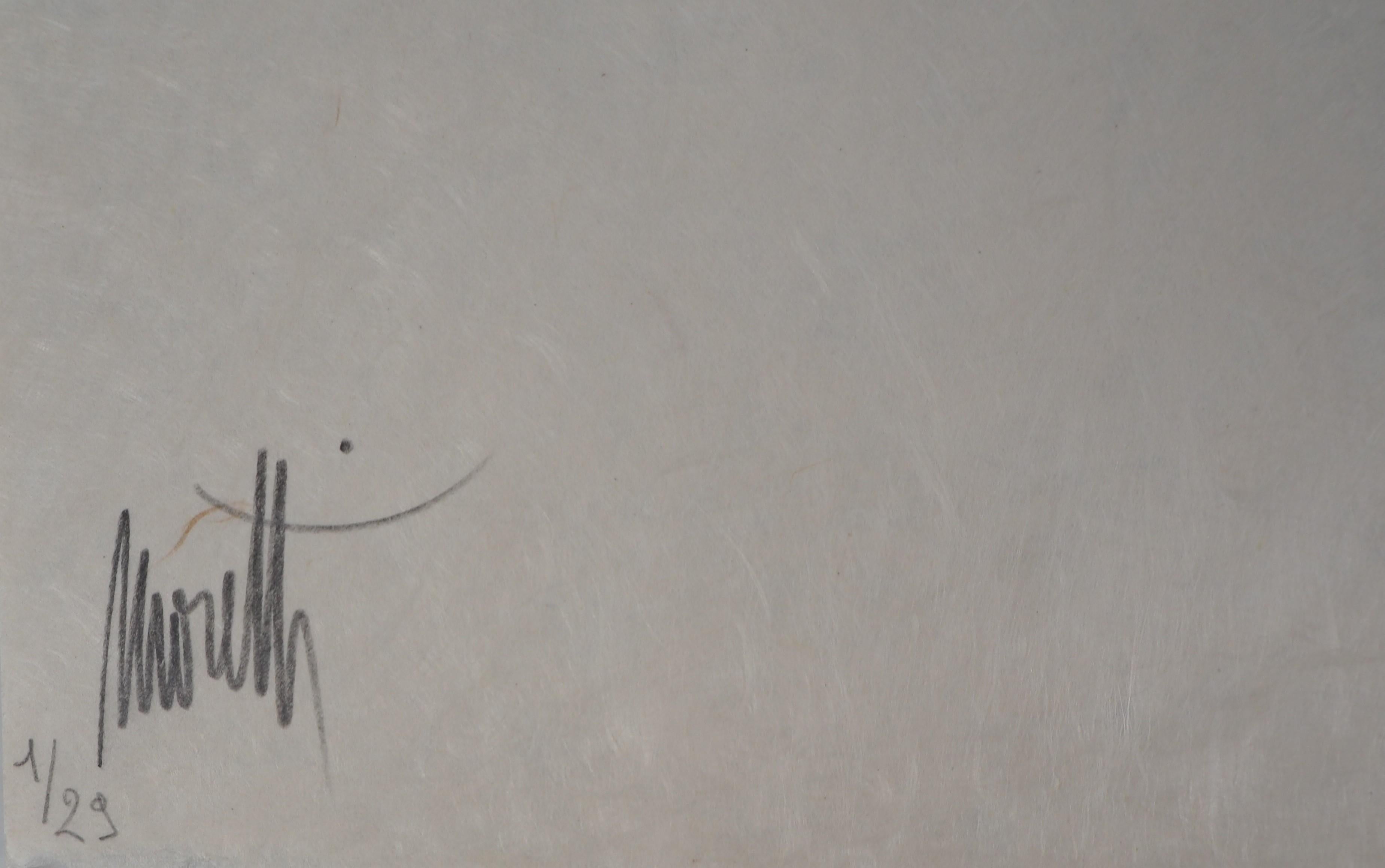 Jean Cocteau und Raymond Moretti
Die Begegnung der beiden Geister

Original-Lithographie
Gedruckte Signatur in der Platte, handsigniert von Raymond Moretti
Nummeriert 1/29 - Suchen Sie unbedingt nach einem Probedruck mit der Nummer 1
Auf Japanpapier