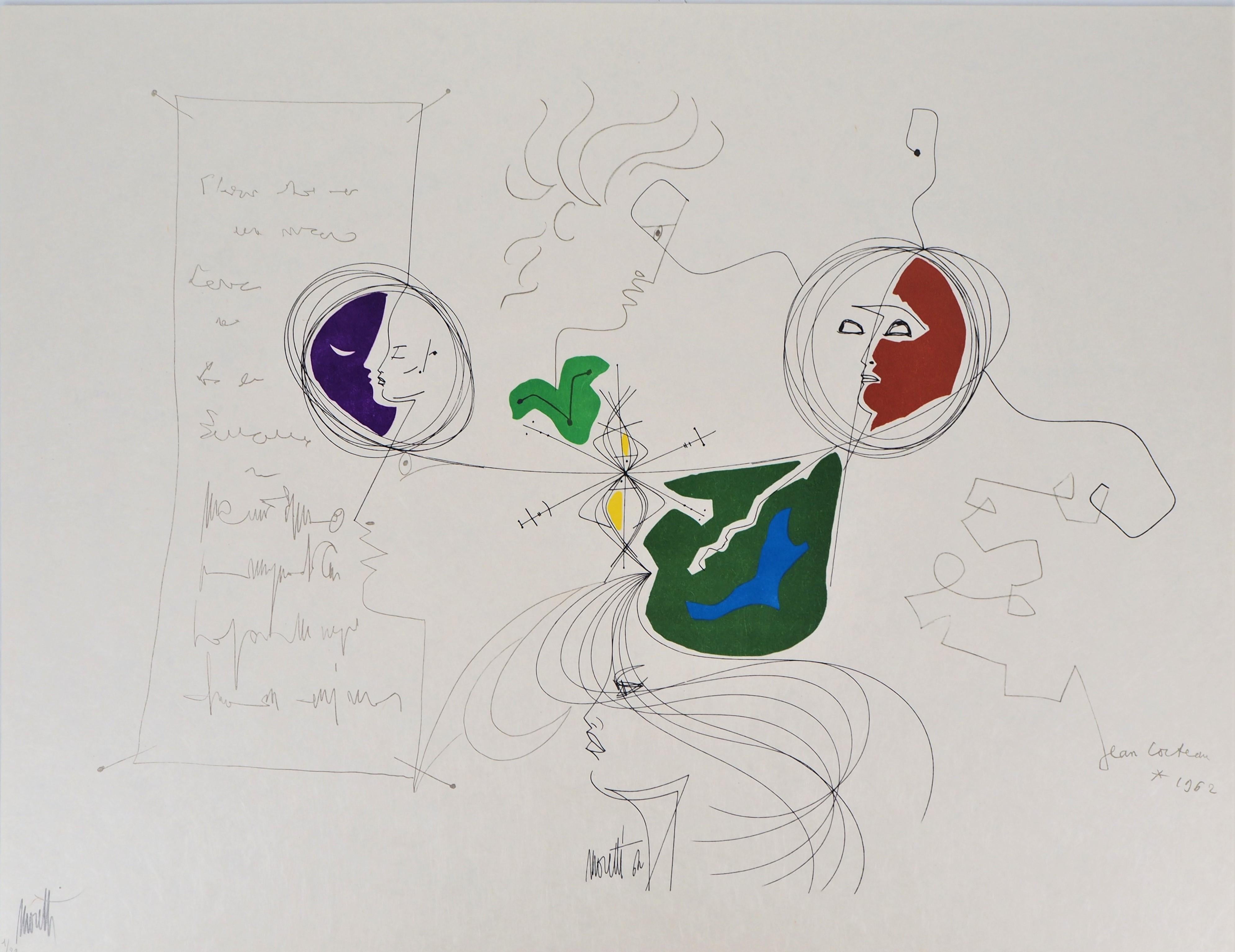 Figurative Print de Jean Cocteau - Jean COCTEAU y Raymond MORETTI : Los Espíritus - Litografía original Hansigned