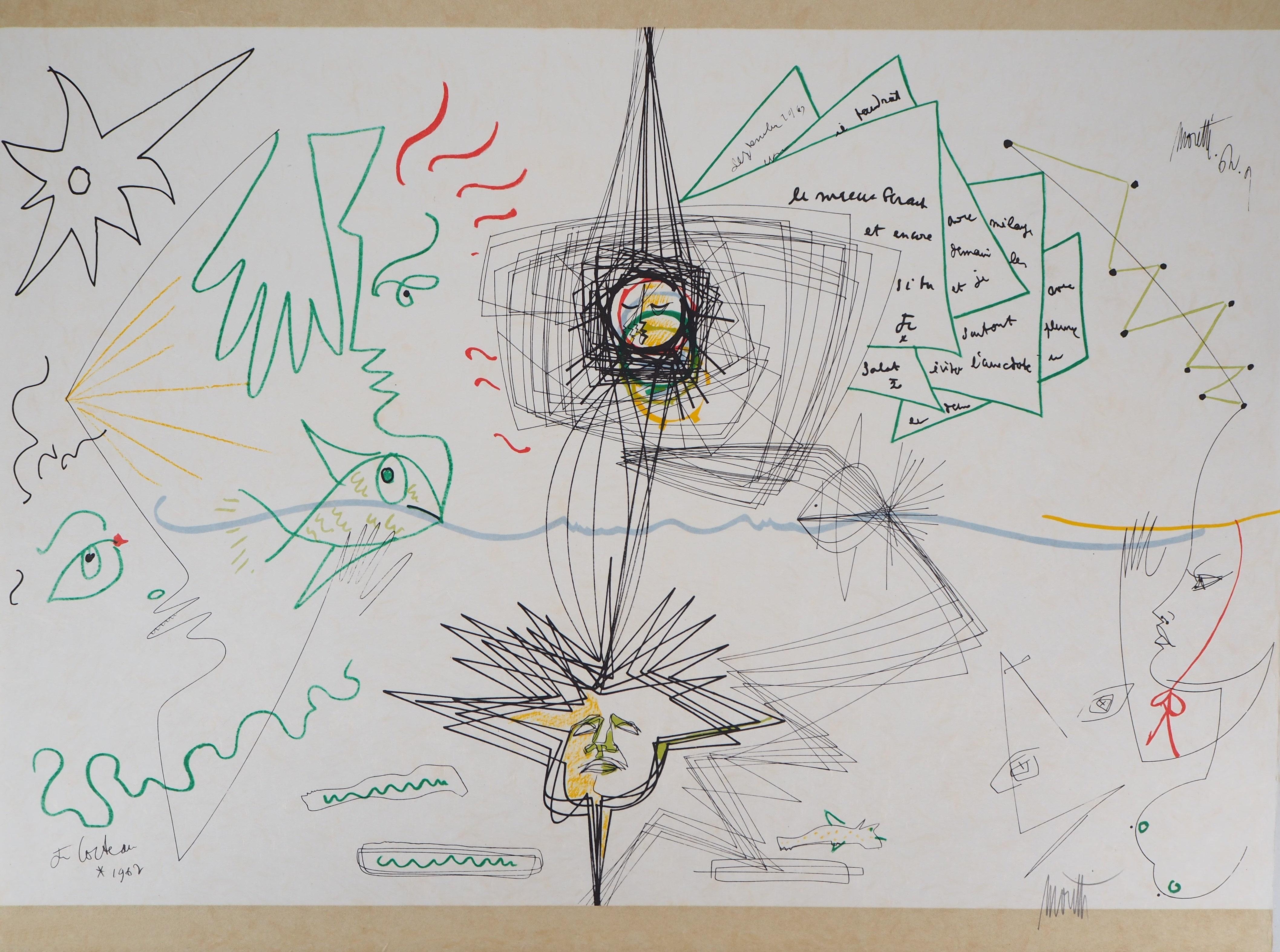 Figurative Print de Jean Cocteau - Jean COCTEAU y Raymond MORETTI : La simbiosis - Litografía original Hansigned
