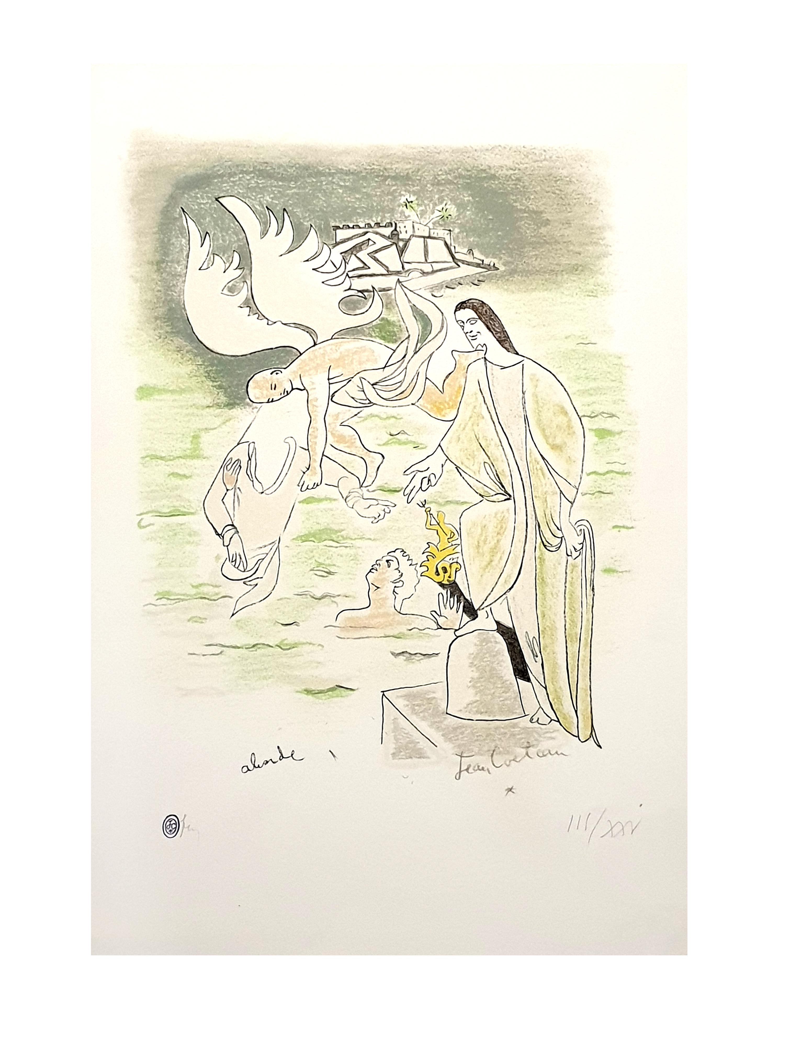 Jean Cocteau - Engel - Original handkolorierte Lithographie im Angebot 1