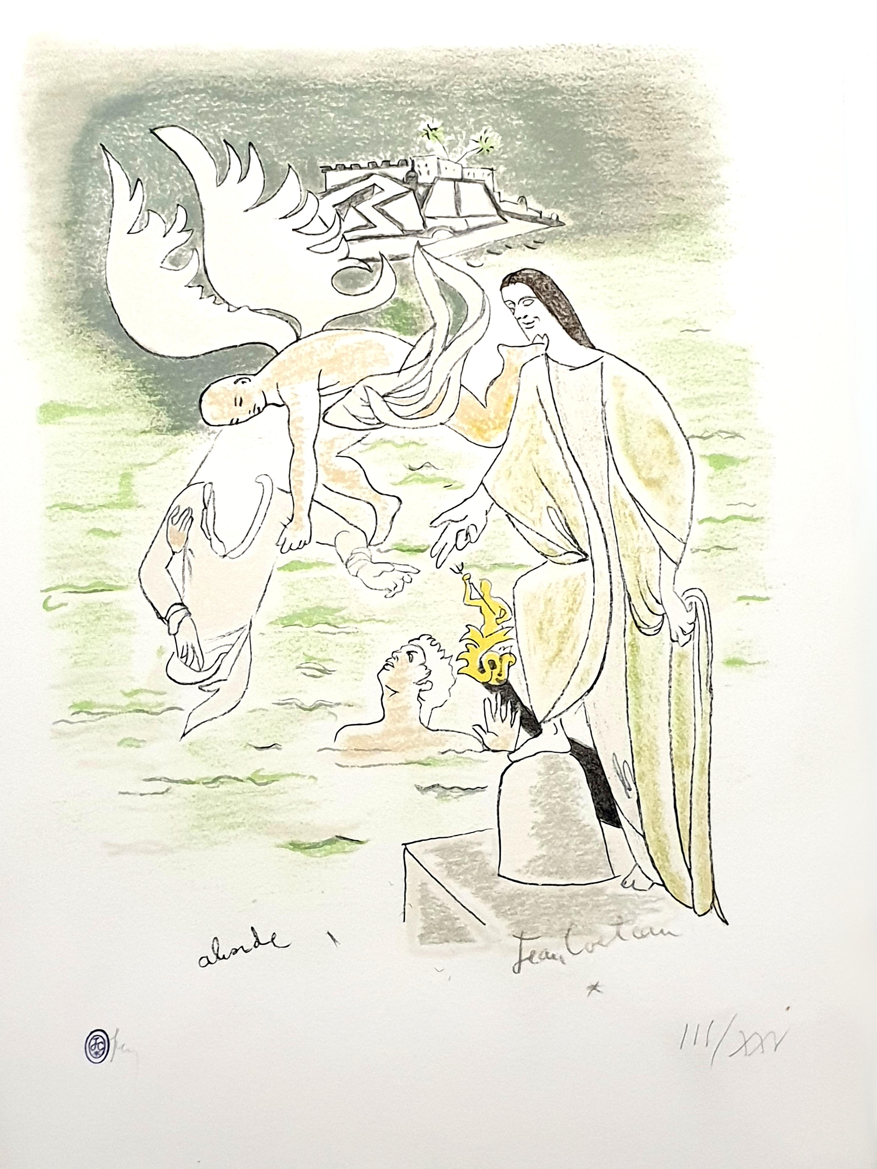 Jean Cocteau - Ange - Lithographie originale colorée à la main