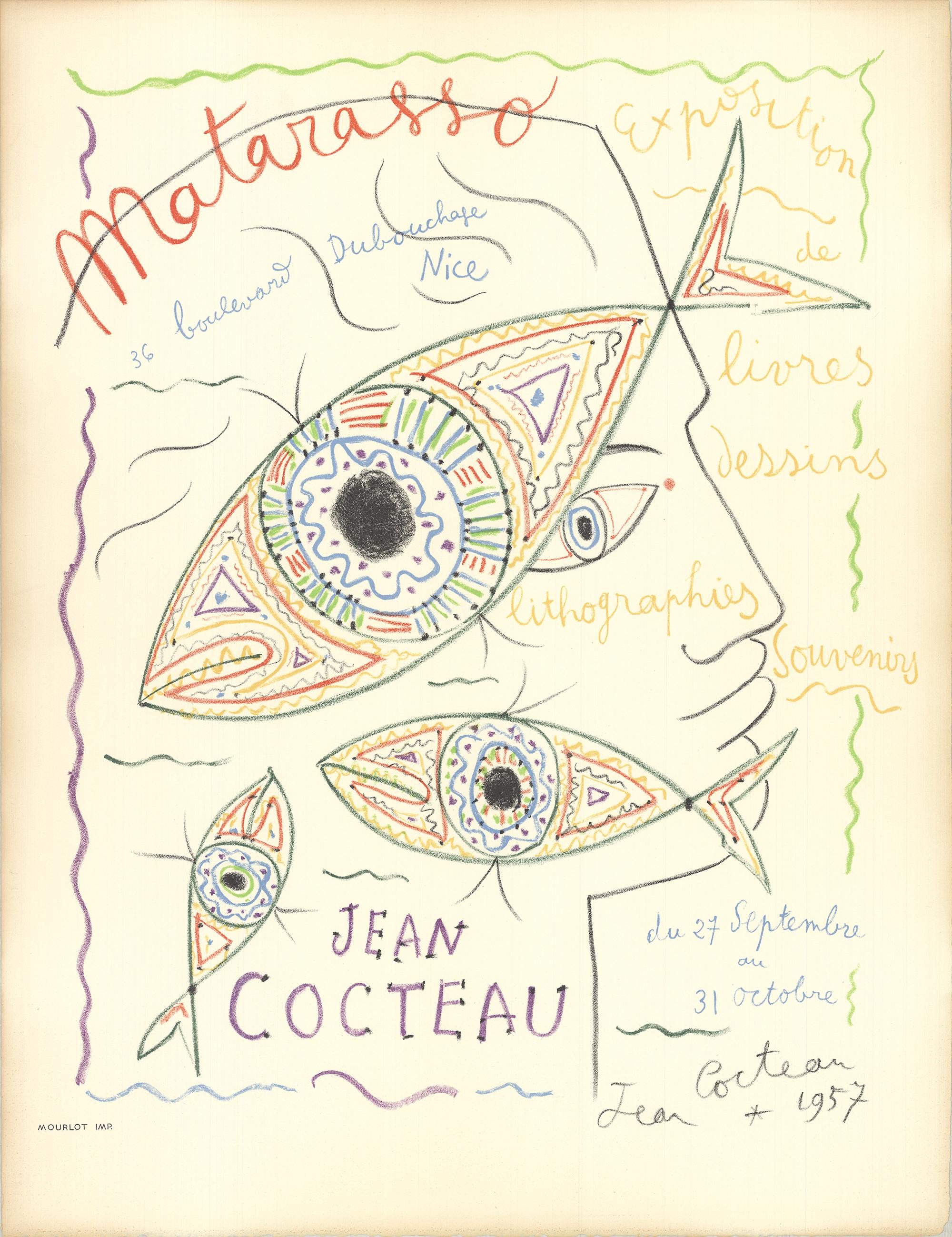 Original Vintage European Movie Show Lithograph by Cocteau. Printed on Arches paper by Mourlot printers in 1957. Beautiful and vivid colors. Very rare Measures 19 x 24.75 inches text on the poster is Exposition de livres, dessins, lithographies,