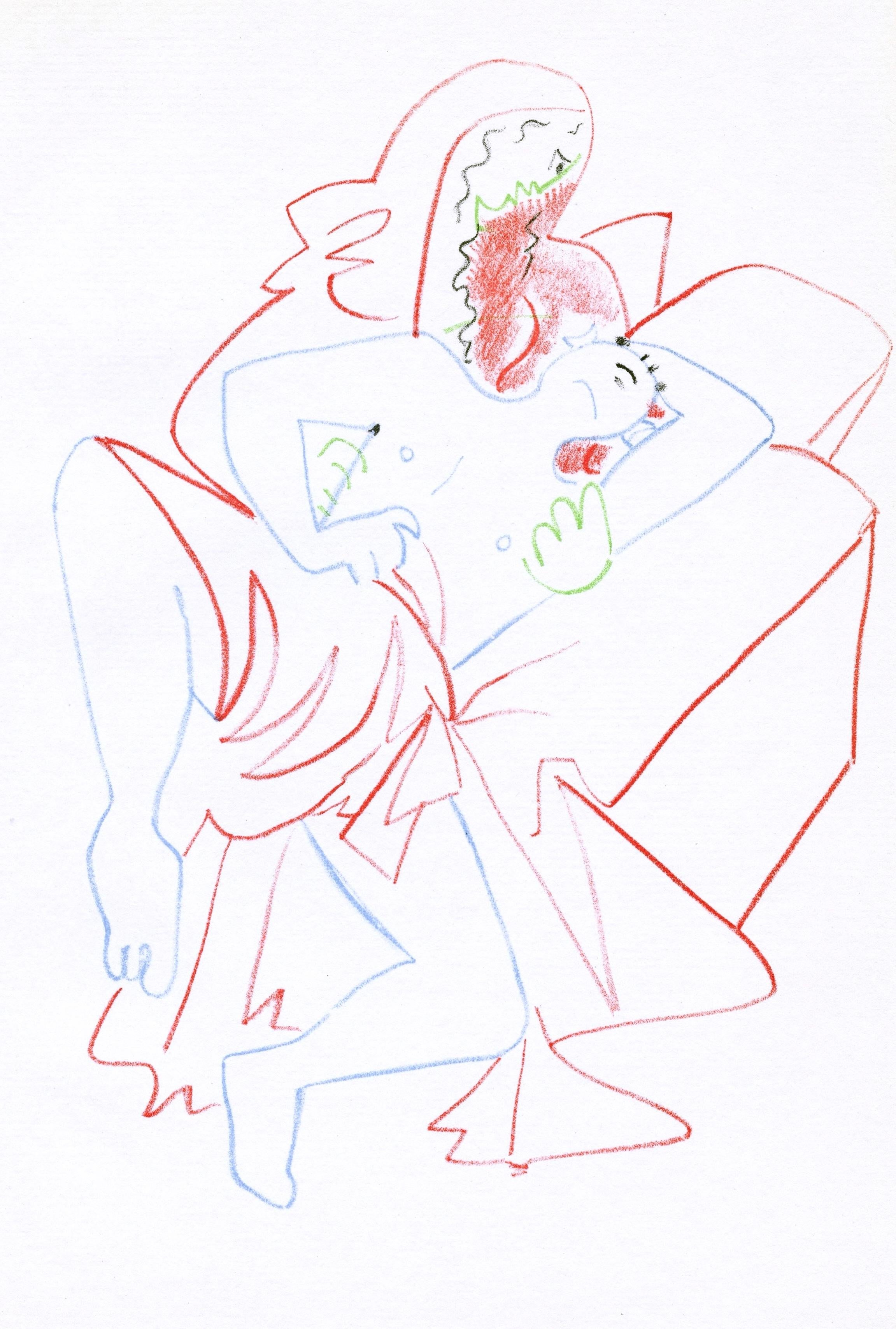 This exquisite lithograph by Jean Cocteau (1889–1963), titled Scene XIV, La Machine Infernale (Scene XIV, The Infernal Machine), originates from the 1957 album Jean Cocteau de l
Academie francaise, Theatre, Edition ornee par l
auteur de dessins in