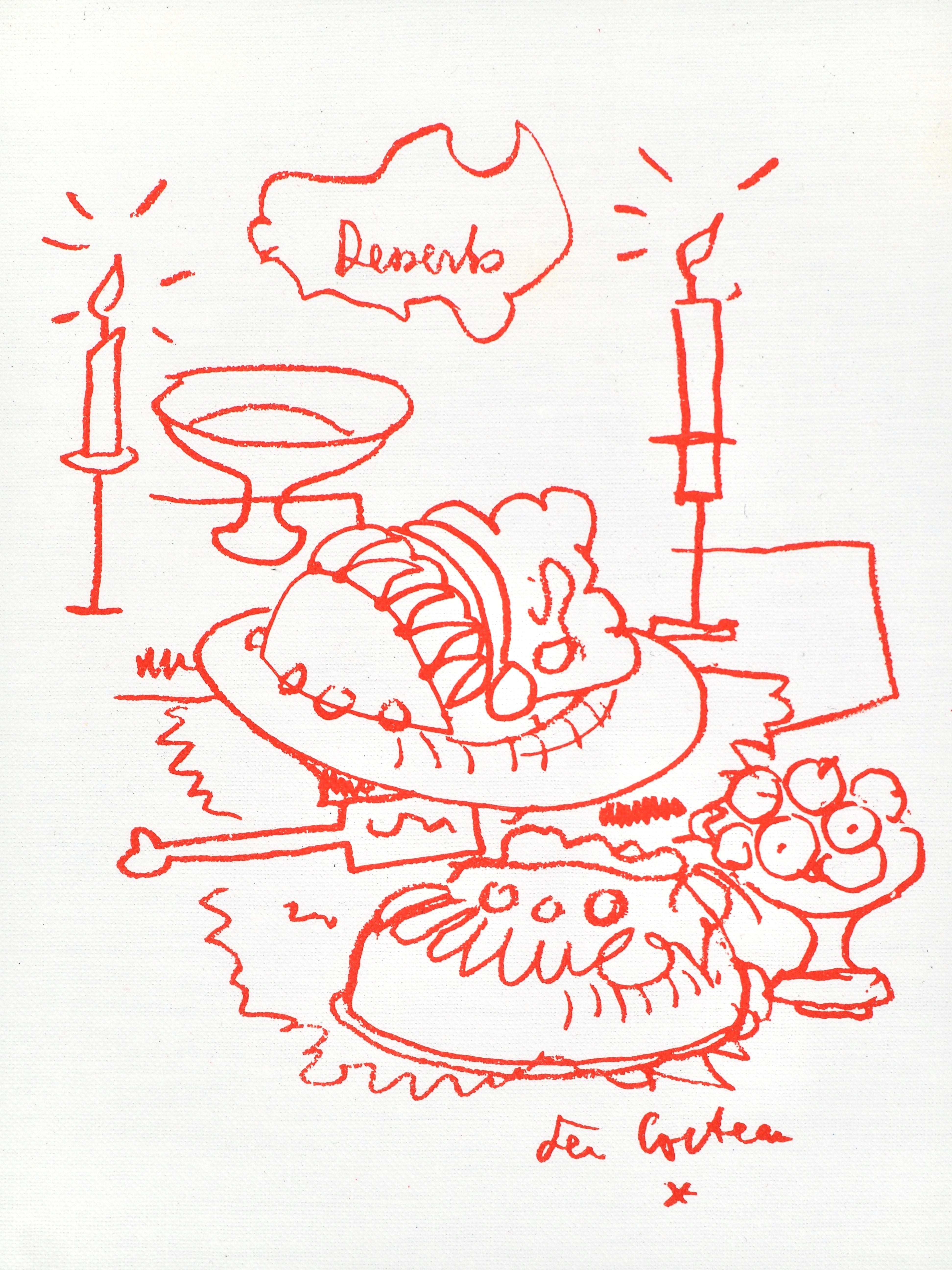 Cette exquise lithographie de Jean Cocteau (1889-1963), intitulée Sans titre, provient de l
album Recettes pour un ami, illustrations de Jean Cocteau, publié et imprimé par la Galerie Jean Giraudoux, Paris, 1964. La composition reflète le talent de