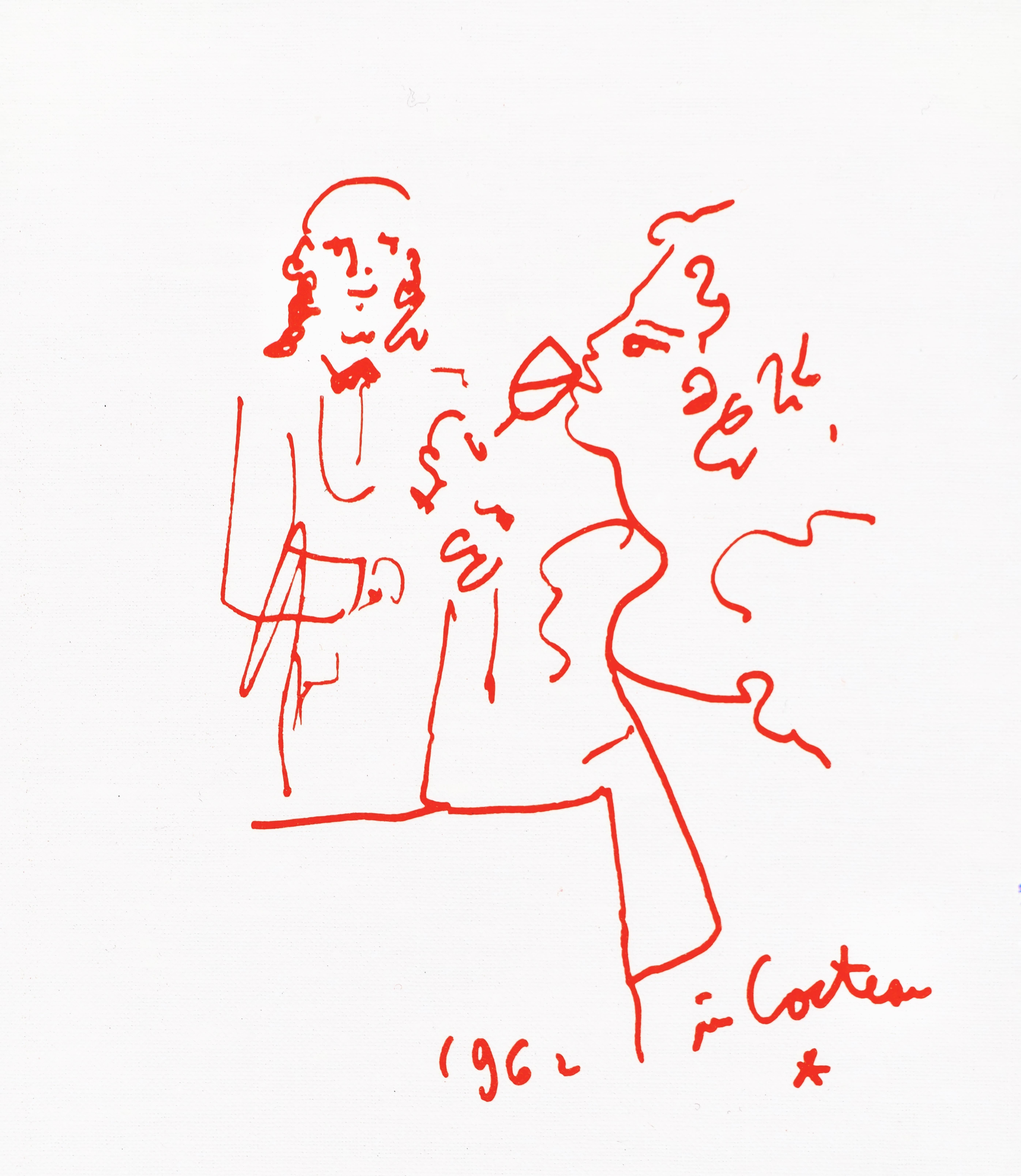 Esta exquisita litografía de Jean Cocteau (1889-1963), titulada Sans titre (Sin título), procede del álbum de 1964 Recettes pour un ami, illustrations de Jean Cocteau (Recetas para un amigo, ilustraciones de Jean Cocteau), publicado e impreso por la