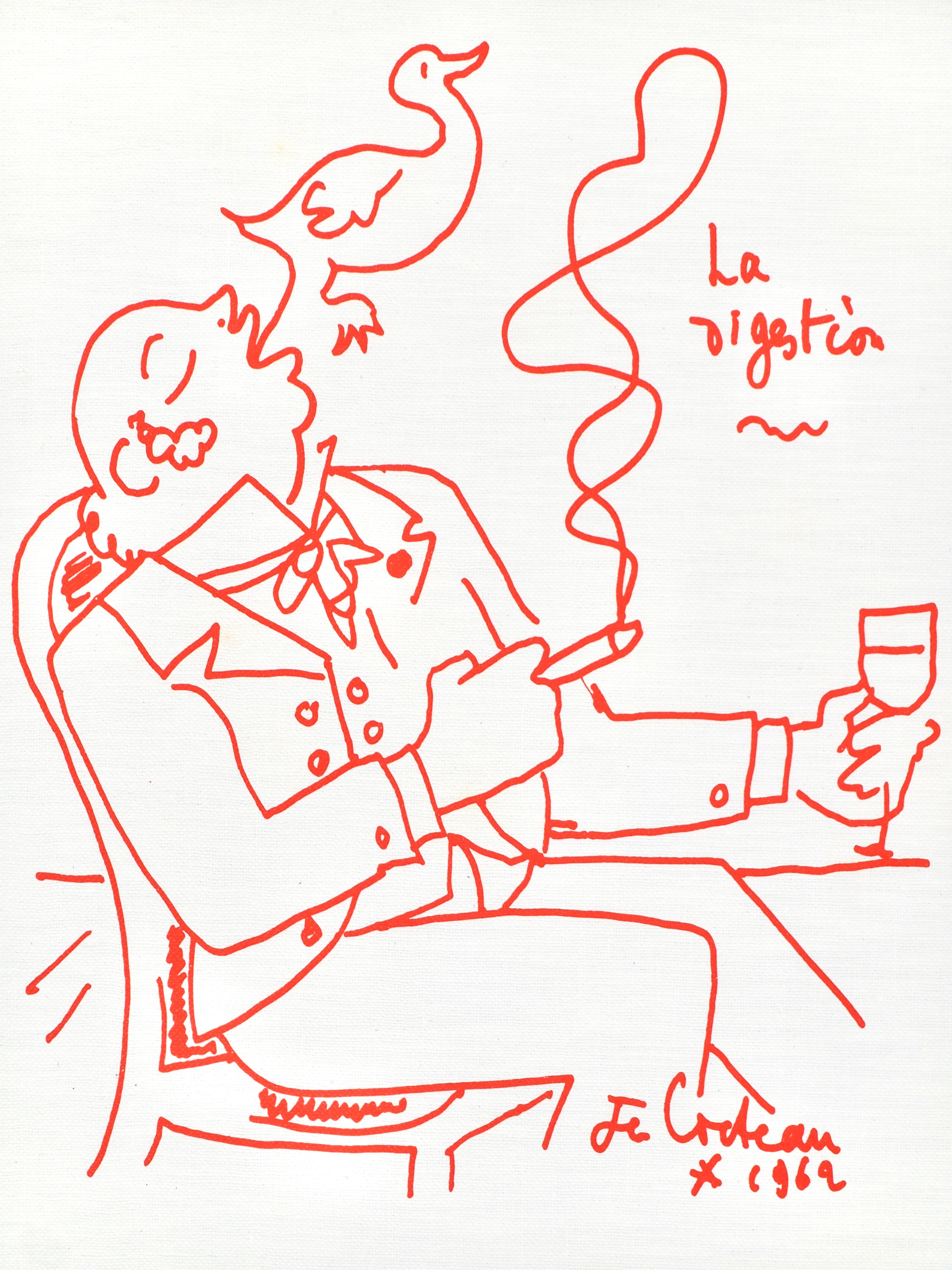 This exquisite lithograph by Jean Cocteau (1889–1963), titled Sans titre (Untitled), originates from the 1964 album Recettes pour un ami, illustrations de Jean Cocteau (Recipes for a Friend, Illustrations by Jean Cocteau), published and printed by