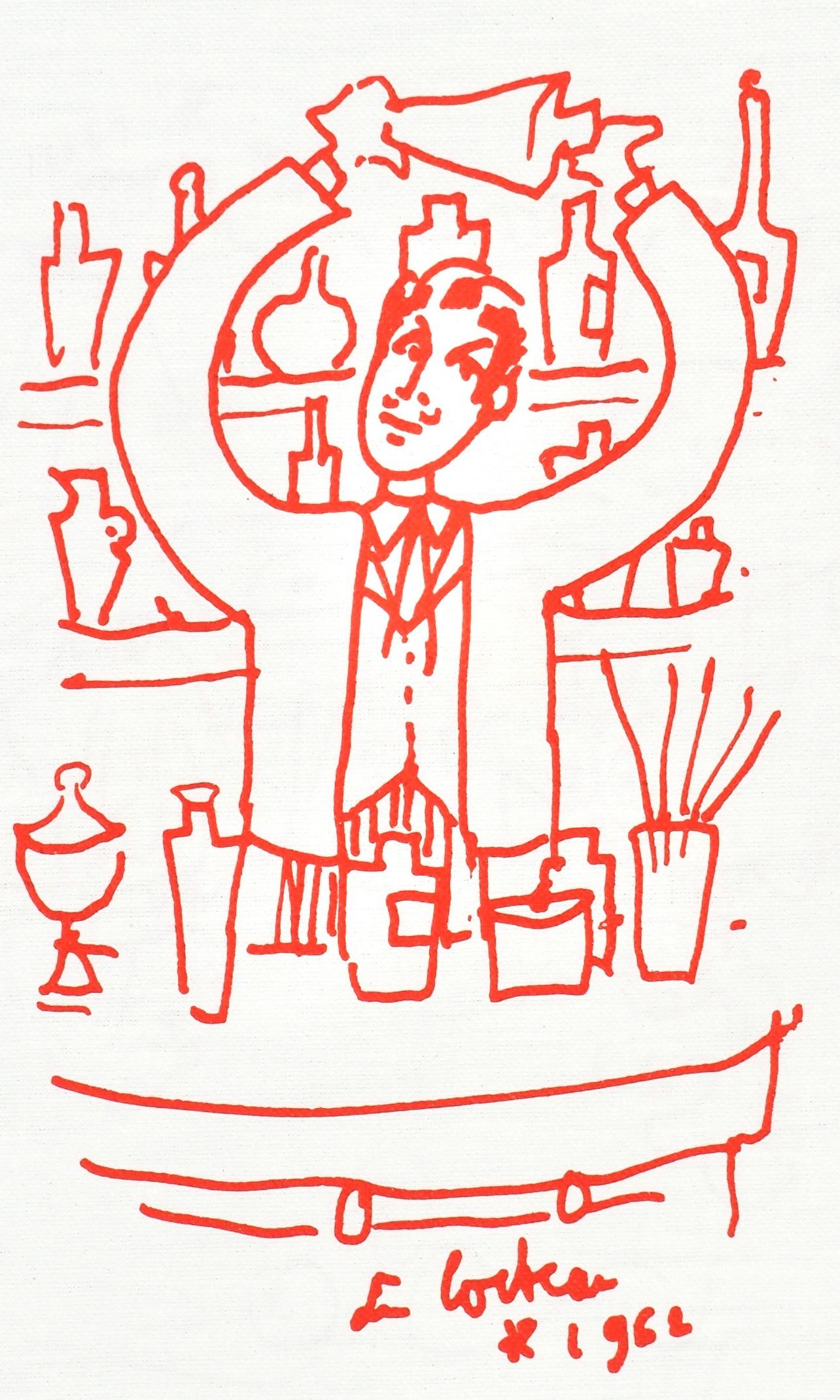 Cette exquise lithographie de Jean Cocteau (1889-1963), intitulée Sans titre, provient de l
album Recettes pour un ami, illustrations de Jean Cocteau, publié et imprimé par la Galerie Jean Giraudoux, Paris, 1964. La composition reflète le talent de