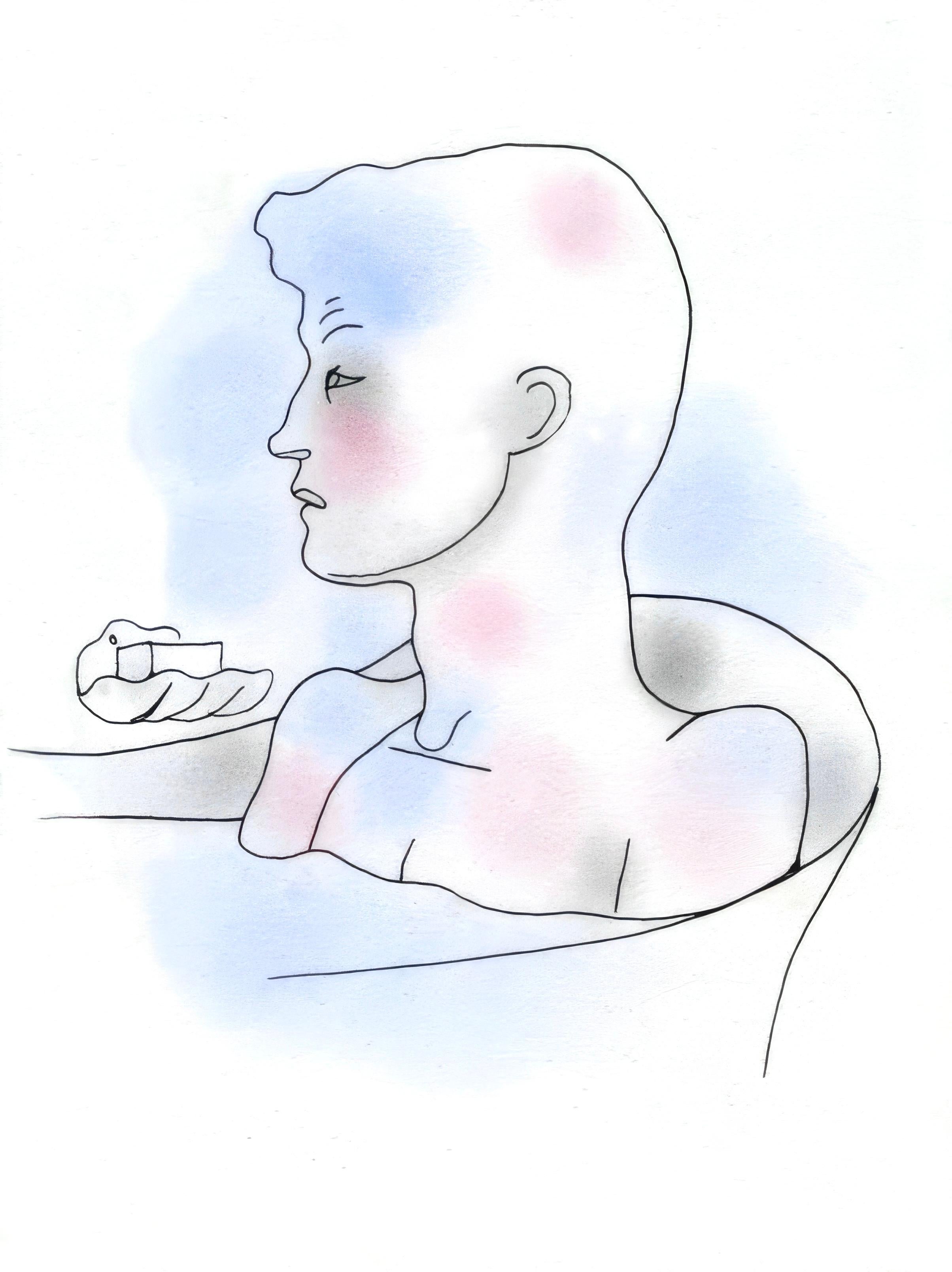 This exquisite lithograph and pochoir with hand coloring by Jean Cocteau (1889–1963), titled Sans titre (Untitled), from the album Le Livre blanc (The White Book), precede dun frontispice et accompagne de 17 dessins de Jean Cocteau (preceded by a