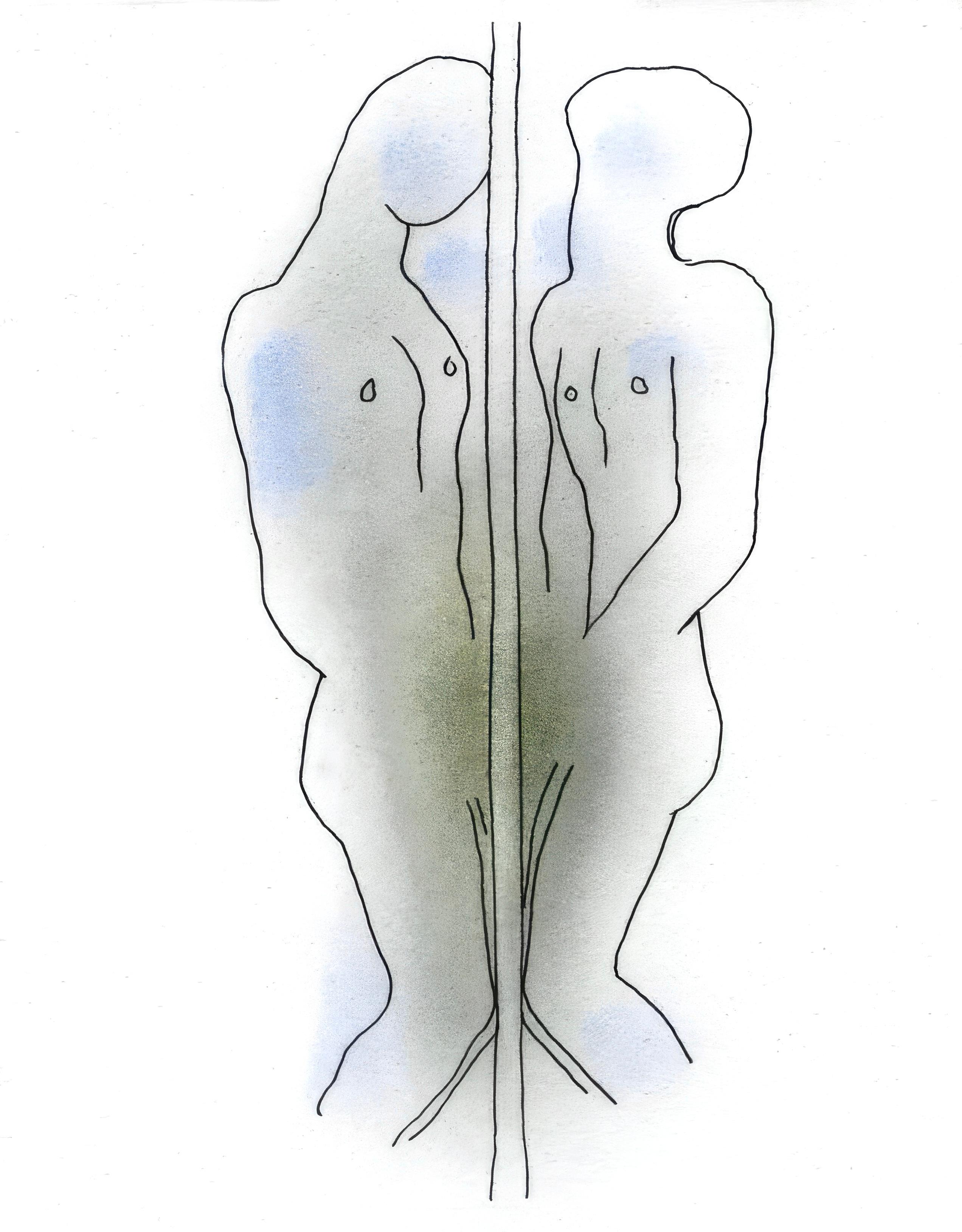 This exquisite lithograph and pochoir with hand coloring by Jean Cocteau (1889–1963), titled Sans titre (Untitled), from the album Le Livre blanc (The White Book), precede dun frontispice et accompagne de 17 dessins de Jean Cocteau (preceded by a