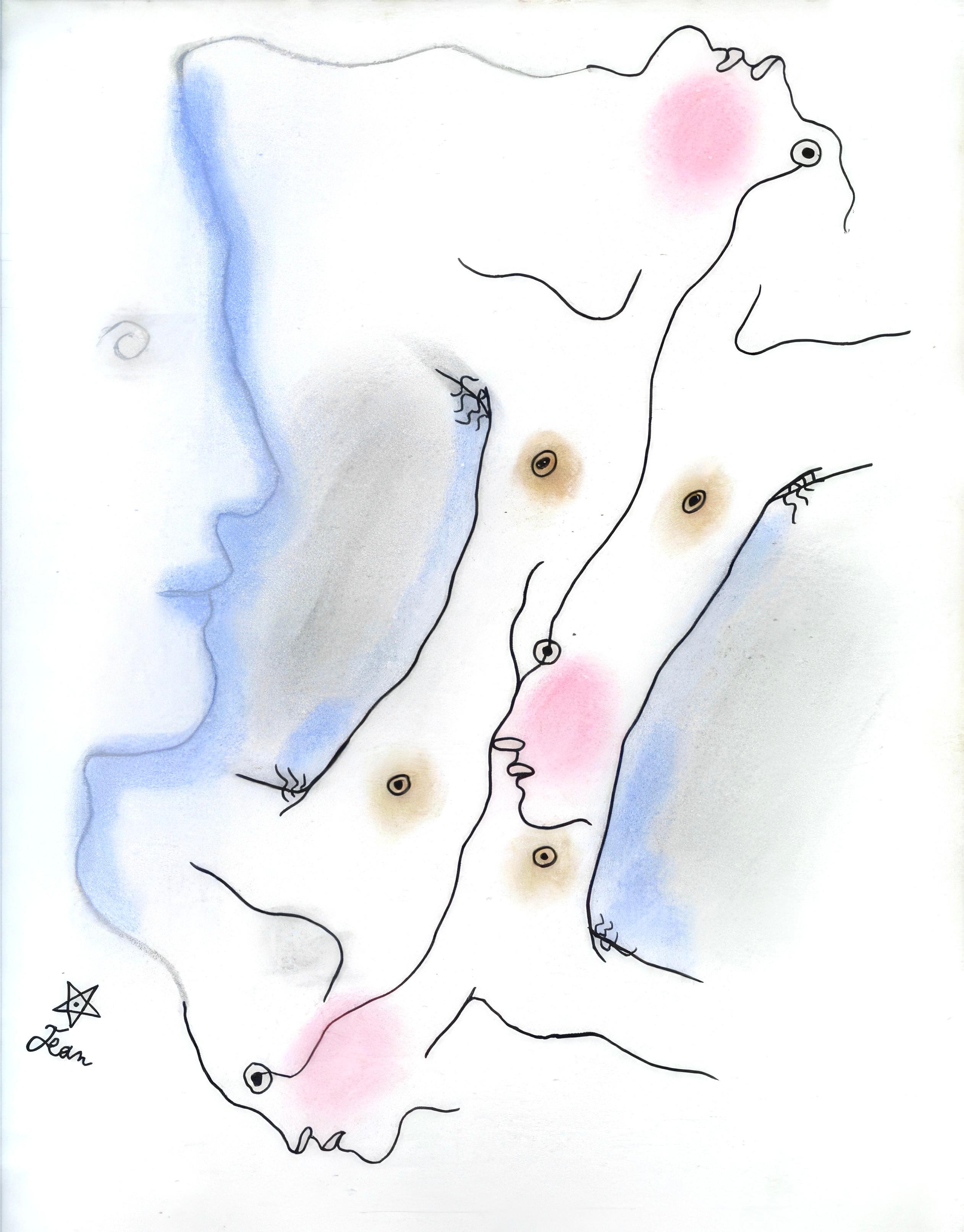 This exquisite lithograph and pochoir with hand coloring by Jean Cocteau (1889–1963), titled Sans titre (Untitled), from the album Le Livre blanc (The White Book), precede dun frontispice et accompagne de 17 dessins de Jean Cocteau (preceded by a