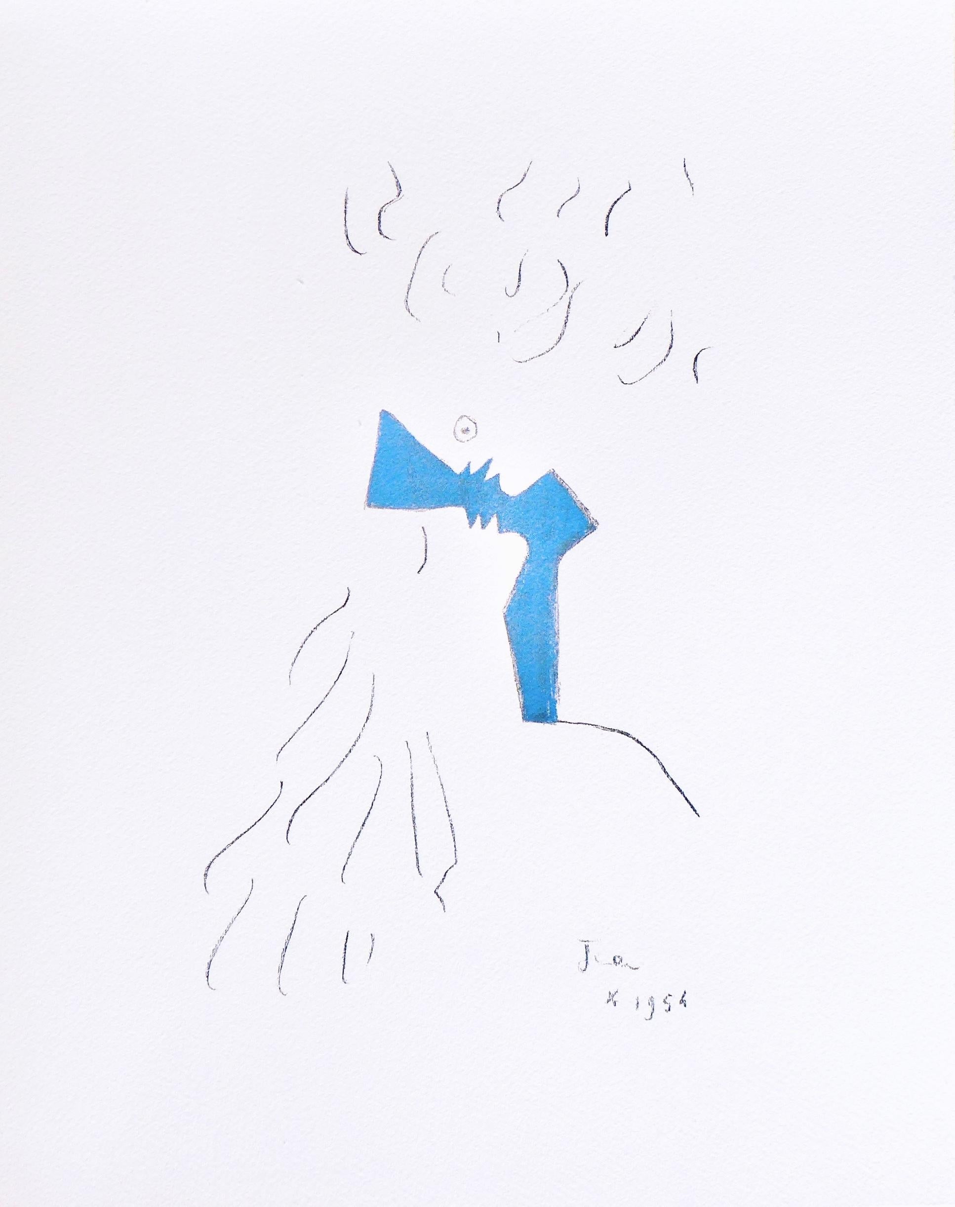 This exquisite lithograph by Jean Cocteau (1889–1963), titled Sans titre (Untitled), originates from the 1955 album Sous le manteau de feu, Poems, douze lithographies originales de Jean Cocteau de l
Academie francaise (Under the Coat of Fire, Poems,