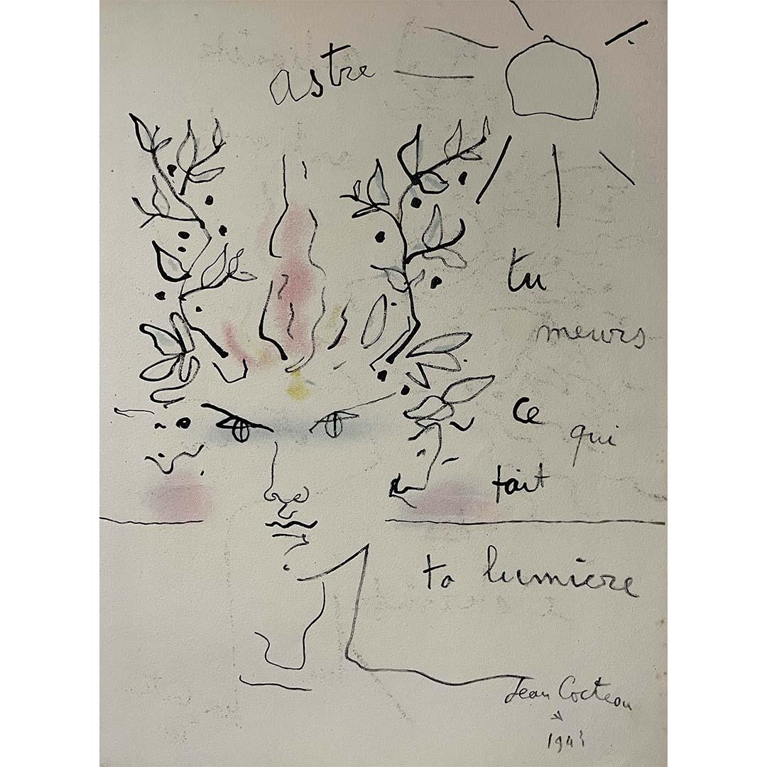 Jean Cocteau's 1943 lithograph, "Astre, Tu Meurs: Ce Qui Fait Ta Lumière" (Star, You Die: That Which Makes Your Light), is a poetic exploration of life and death through the cosmic metaphor of a dying star. Cocteau, a versatile French artist,